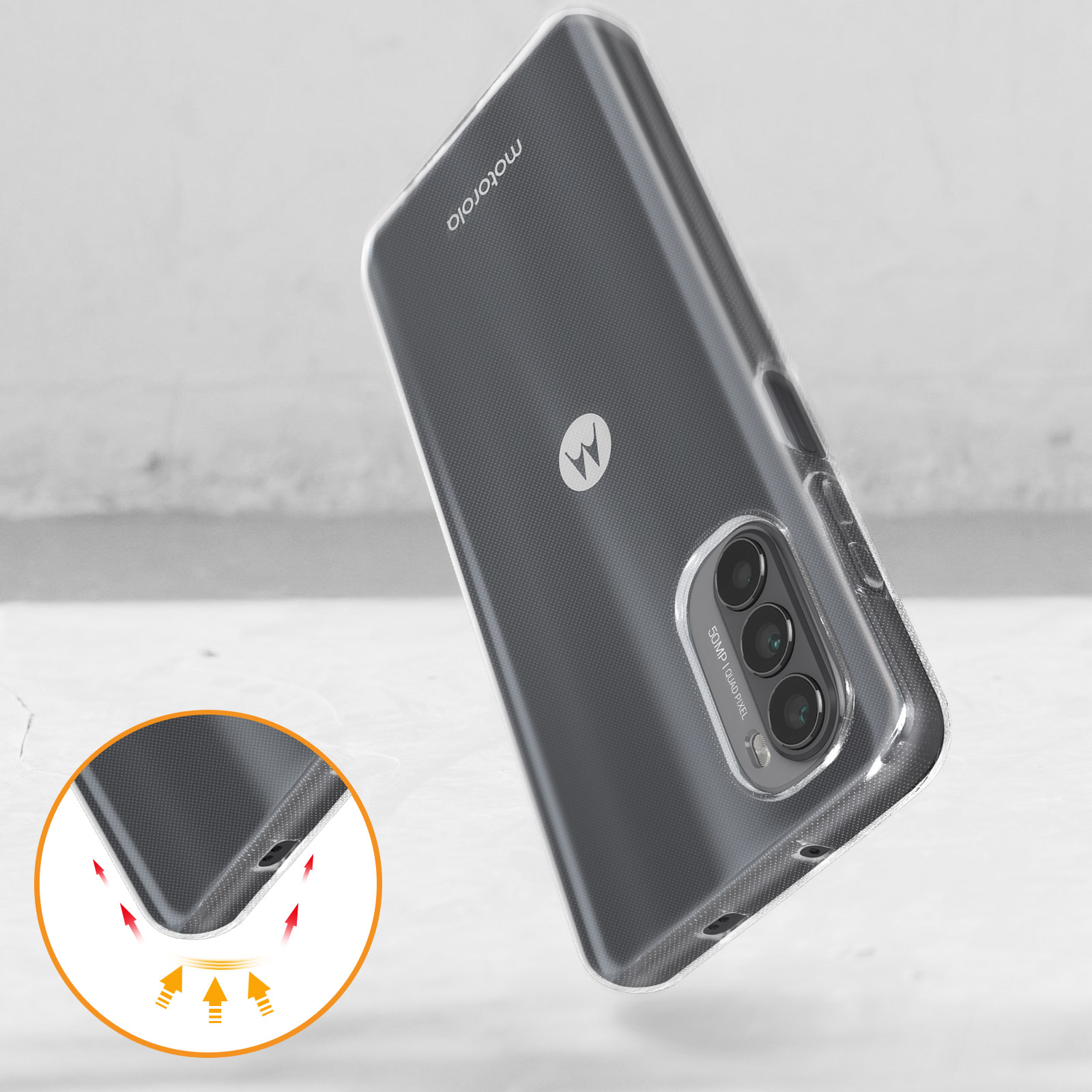 Un telefono con una custodia trasparente è visibile. La custodia è a destra, il telefono a sinistra e un logo.