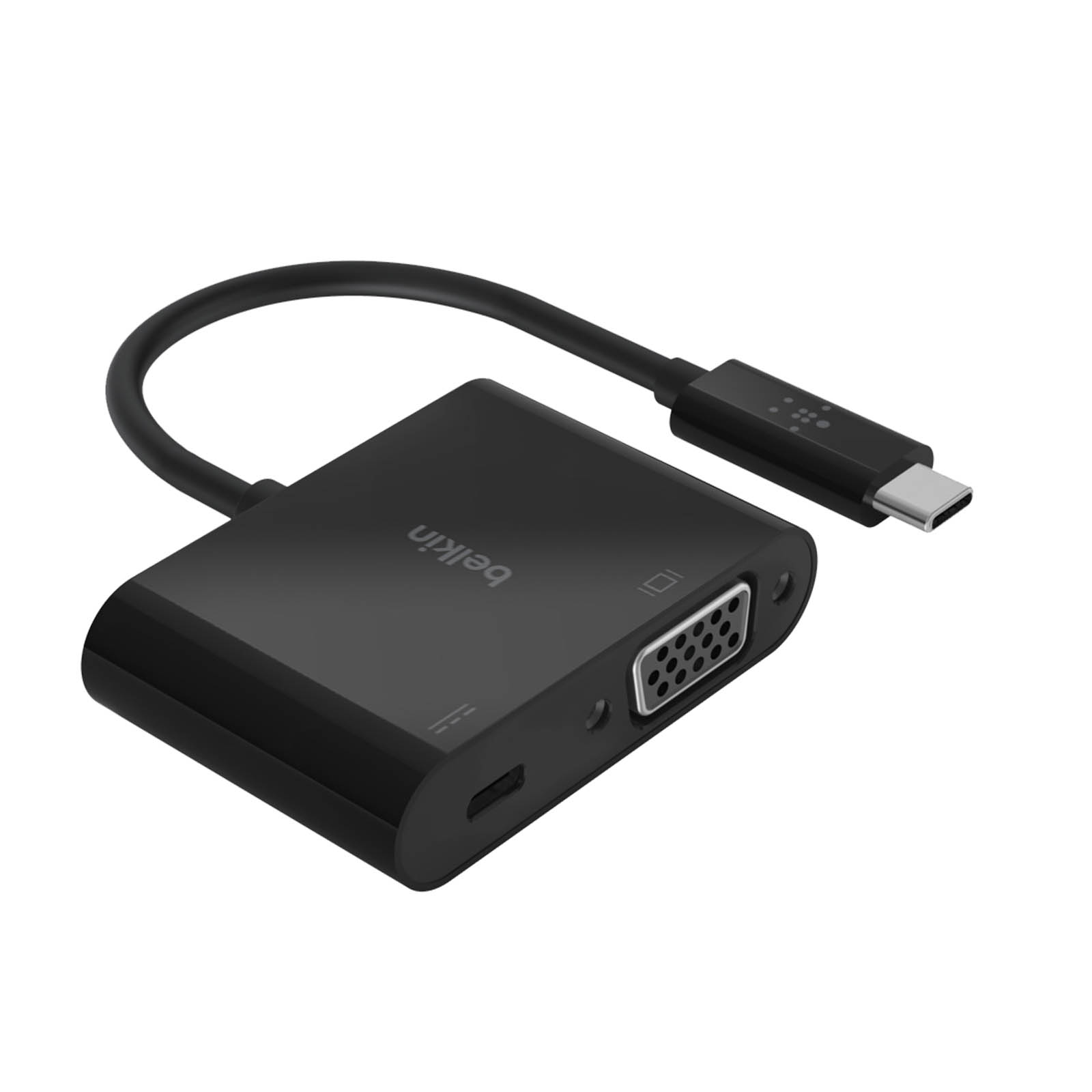 Un adattatore Belkin nero con connettore USB-C e porta VGA, su sfondo bianco.