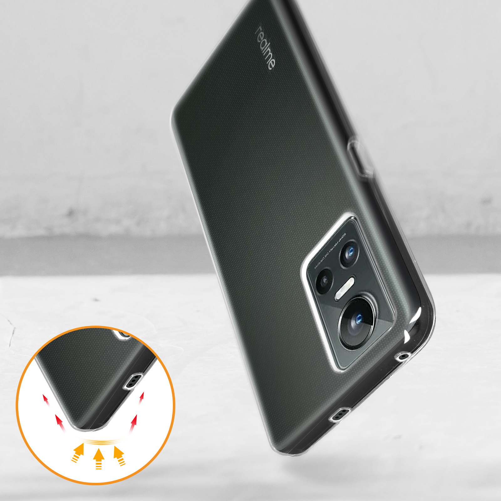 Eine Handyhülle mit einem Telefon darin, mit einem Design aus Luftkissen.