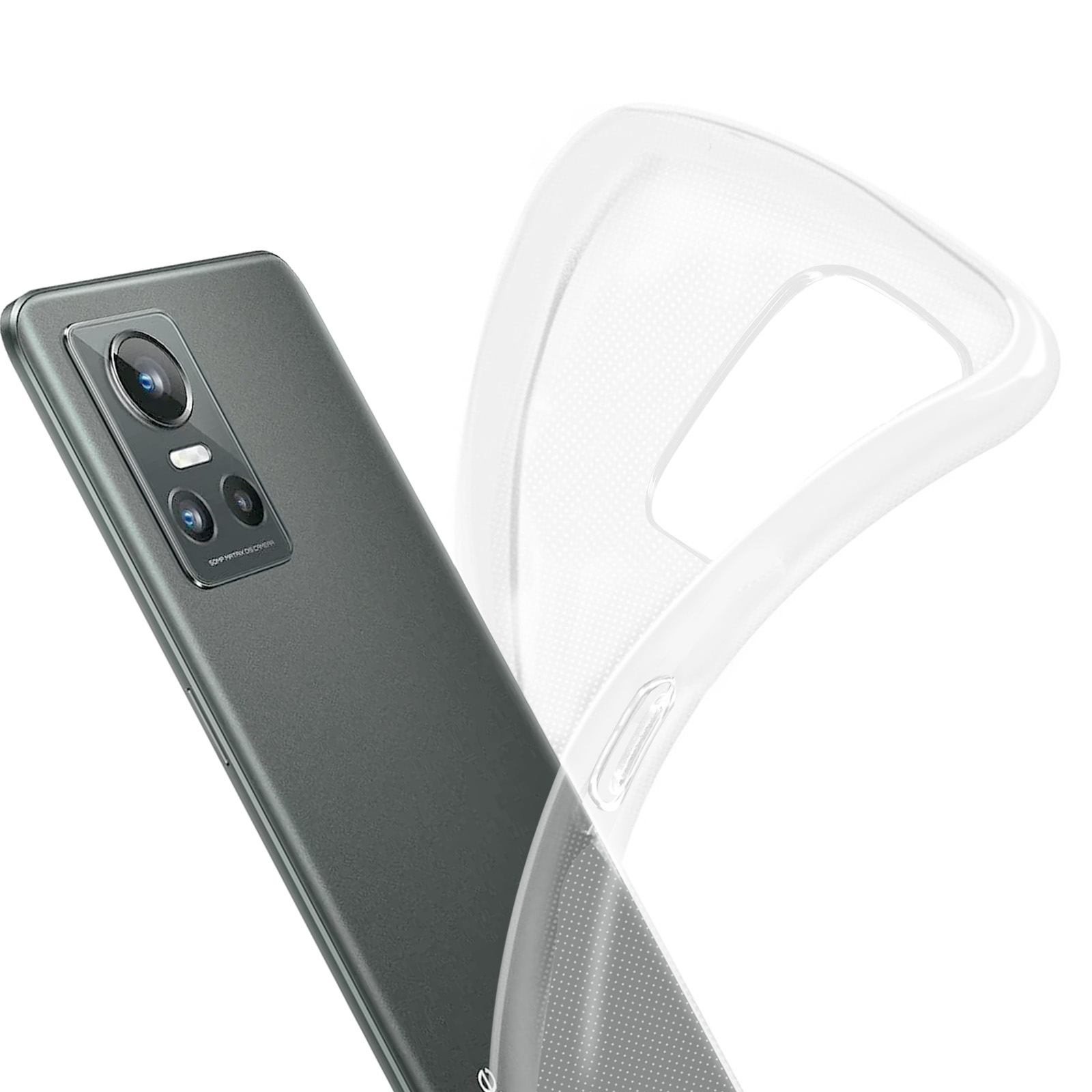 Handyhülle mit Telefon darin. Transparente Hülle, das Telefon ist grau.