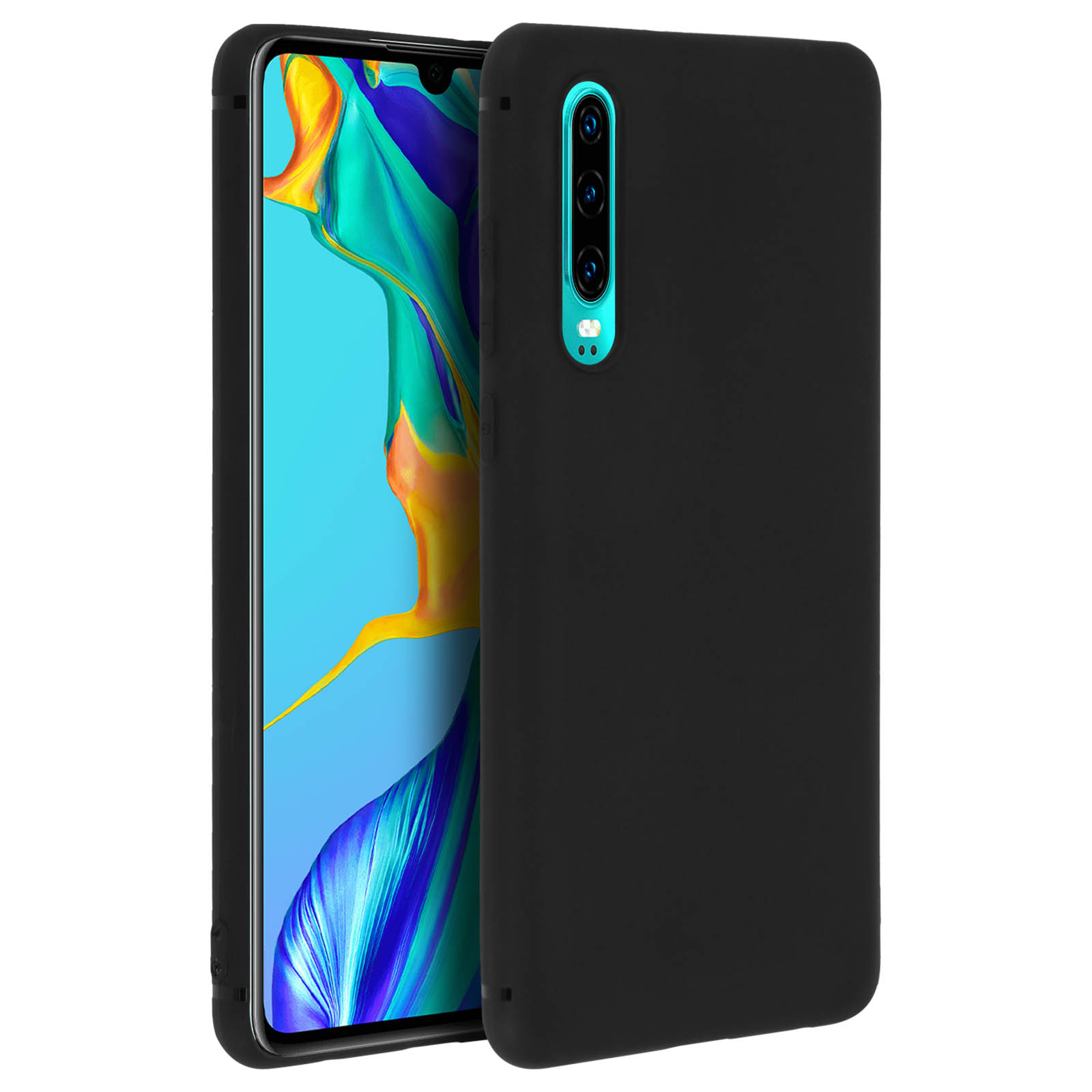 Un telefono nero con una custodia nera. Sul telefono sono visibili tre fotocamere.