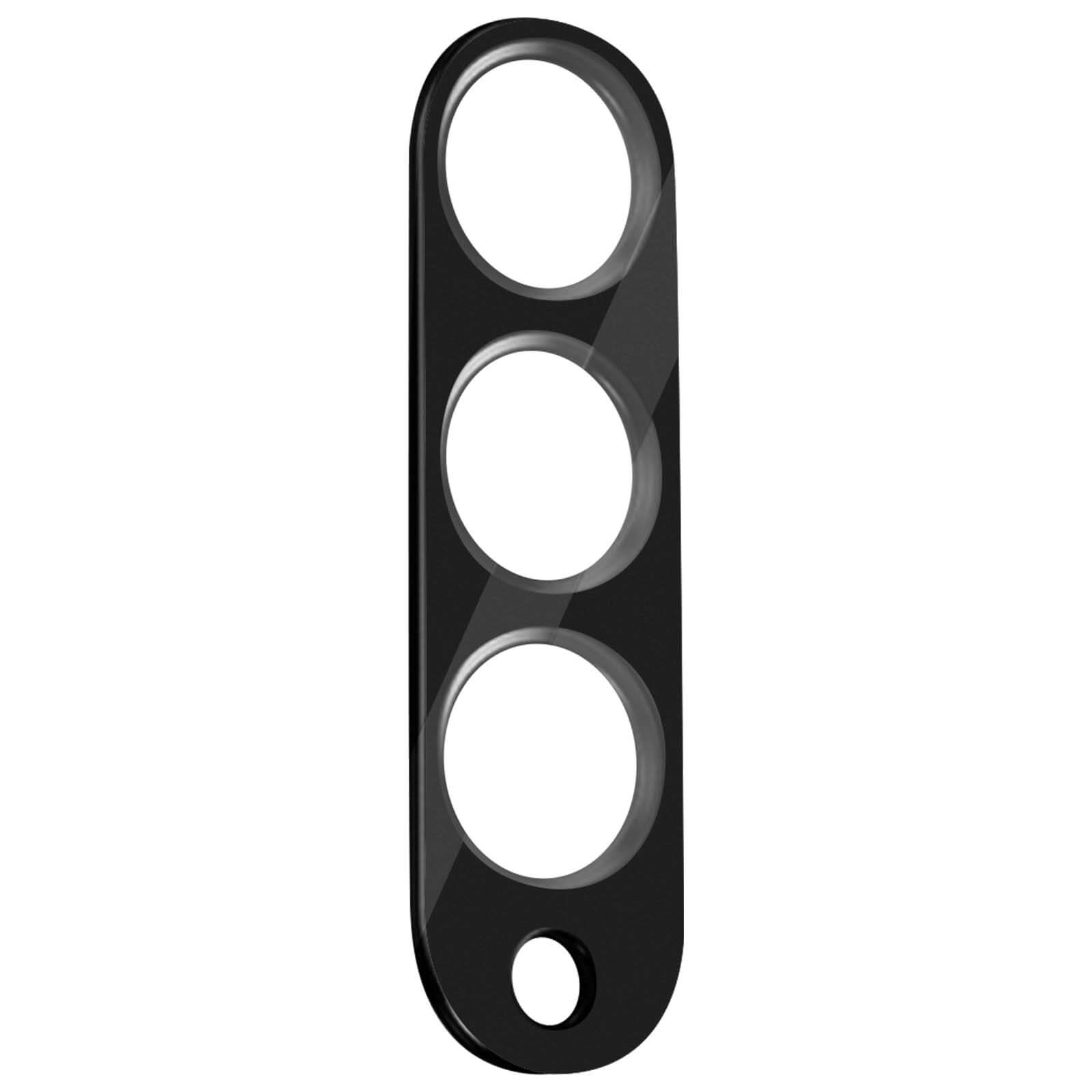 Protezione per obiettivo della fotocamera del telefono nera con tre fori per lenti e uno più piccolo.