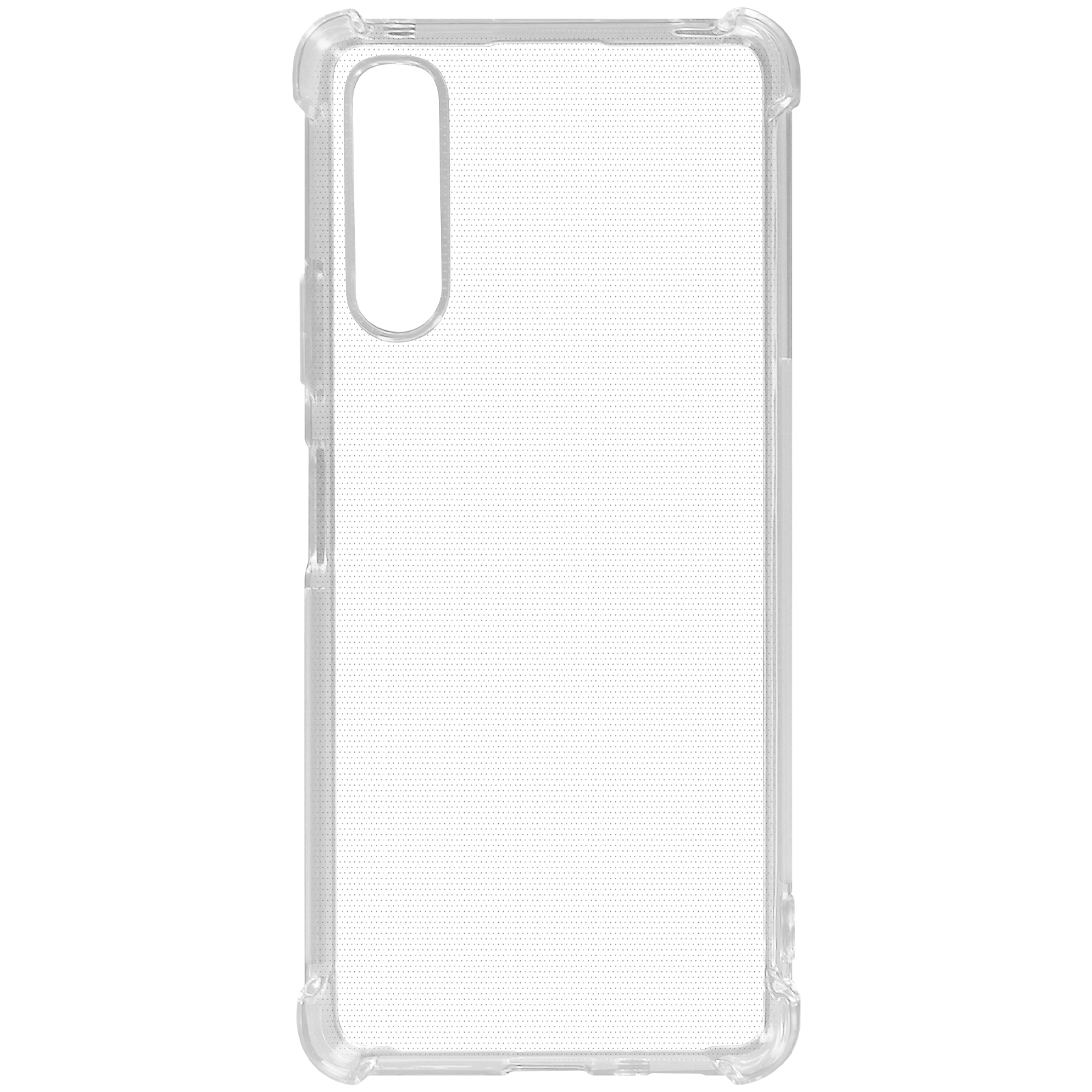 Een transparante telefoonhoes, met een camera-uitsparing en een rasterpatroon. Helder.