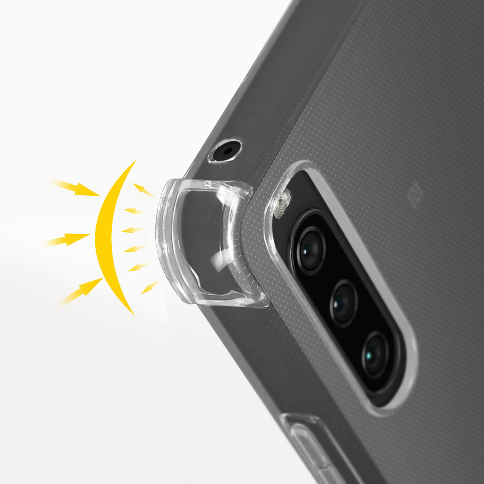Een telefoonhoesje met een camerabeschermer. Gele lichtstralen komen uit de beschermer.