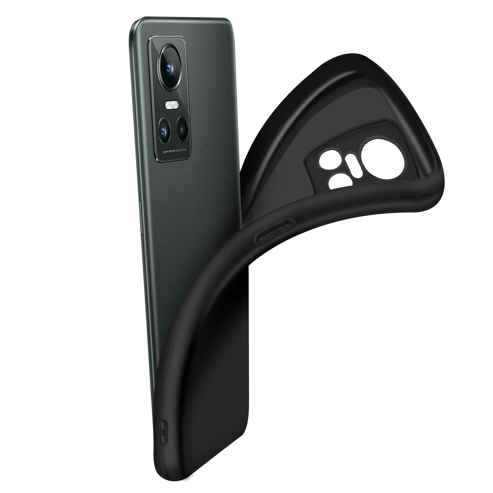 Schwarzes Telefon mit Kamera auf der Rückseite, rechts eine schwarze Handyhülle.