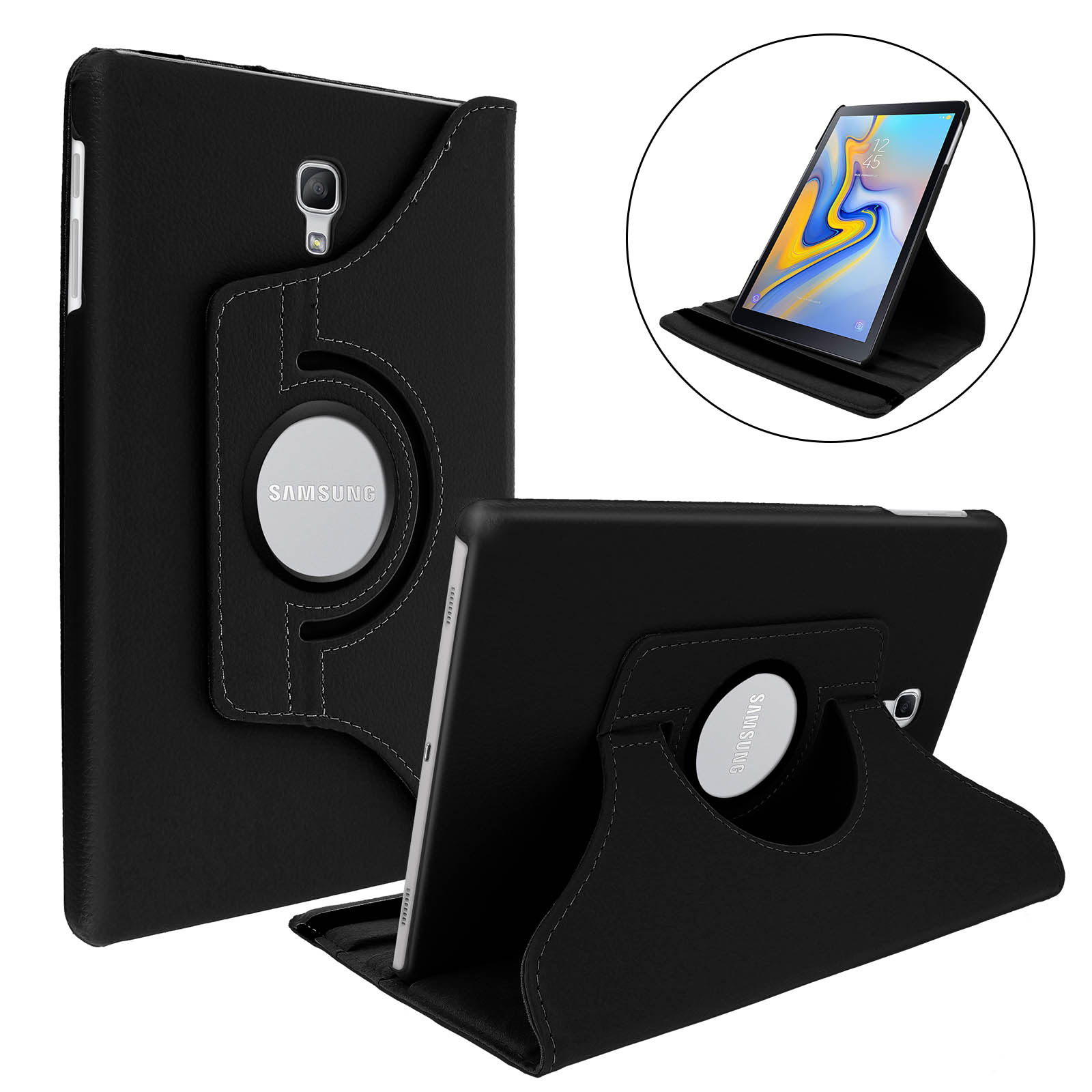 Custodia nera per tablet con supporto. Tablet sul supporto. Varie viste della custodia e del tablet su bianco.