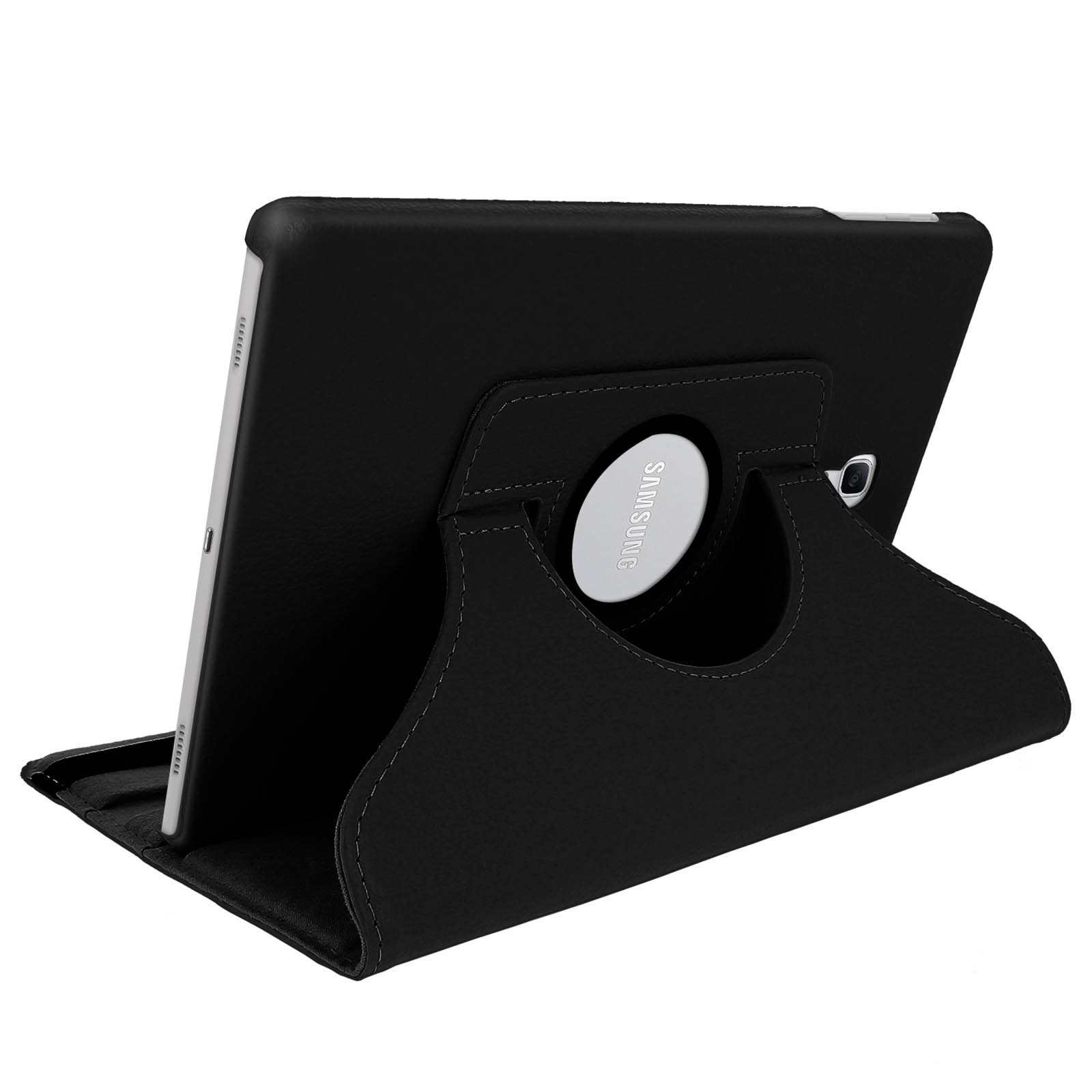 Tablet nero in una custodia nera, appoggiato. La custodia ha un logo Samsung.