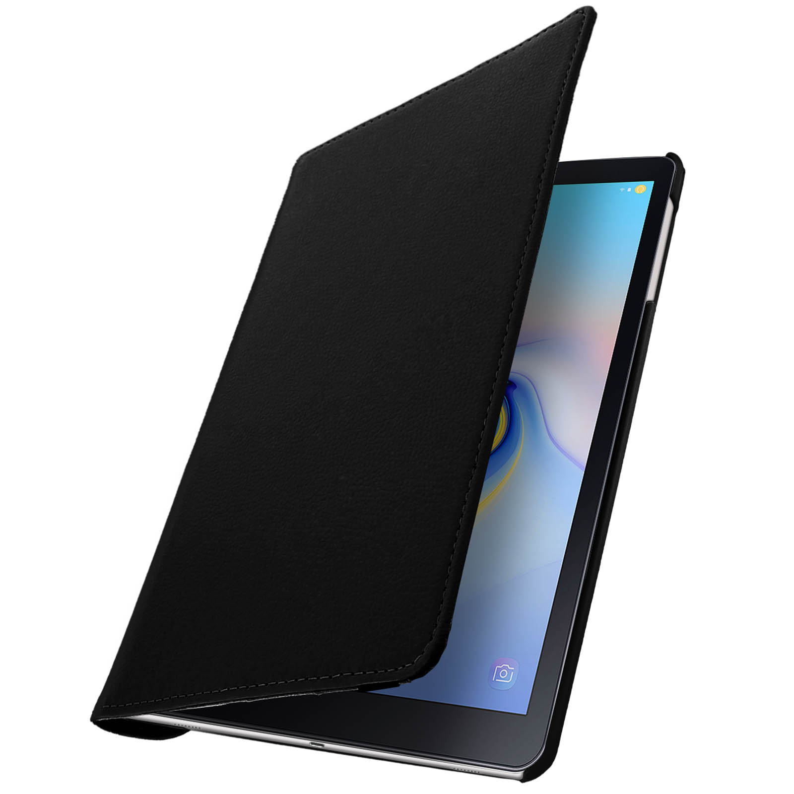 Custodia per tablet nera aperta, che rivela lo schermo. Copertura nera, interno bianco.