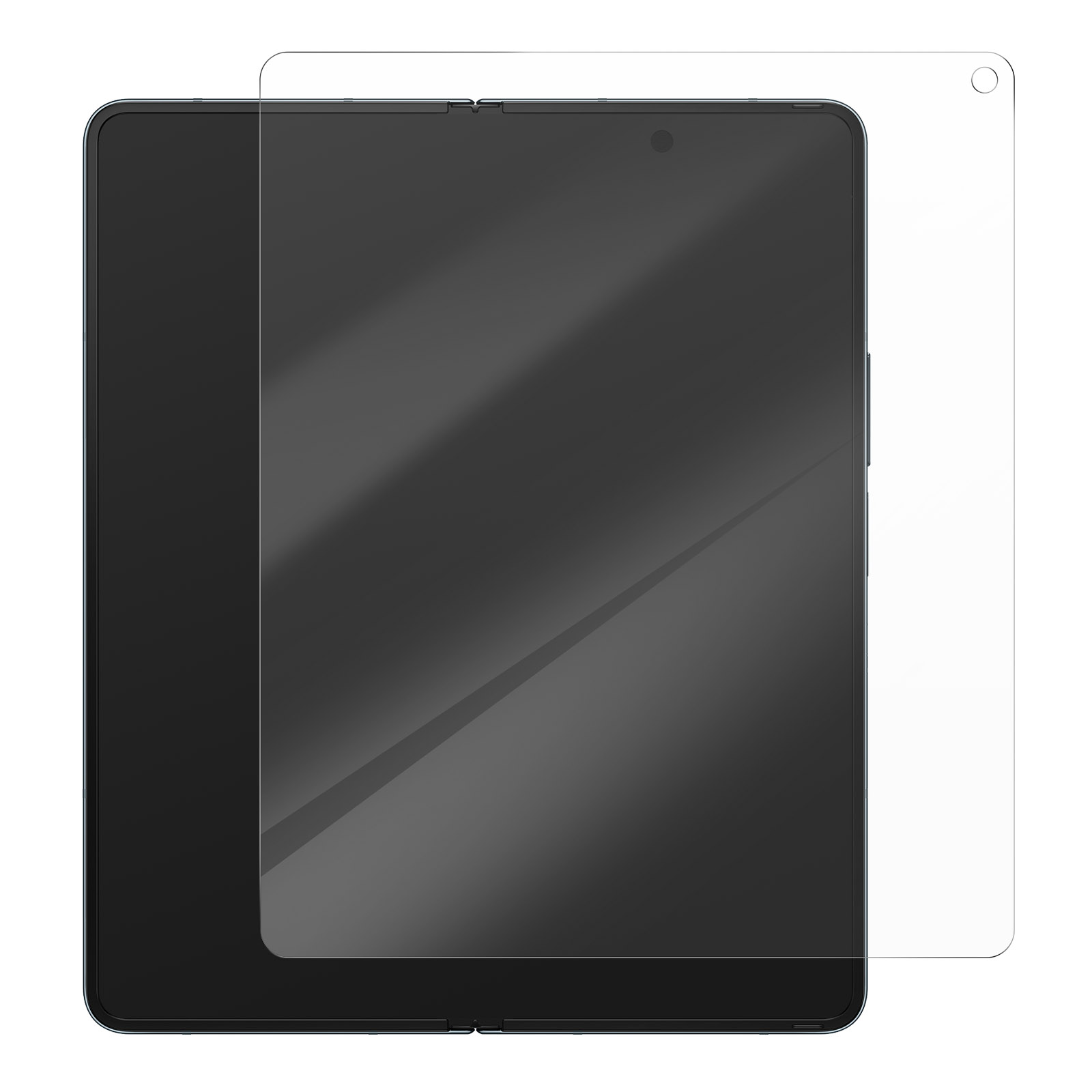 Tablet con una protezione schermo. Il tablet è nero, la protezione è trasparente. Entrambi sono rettangolari.