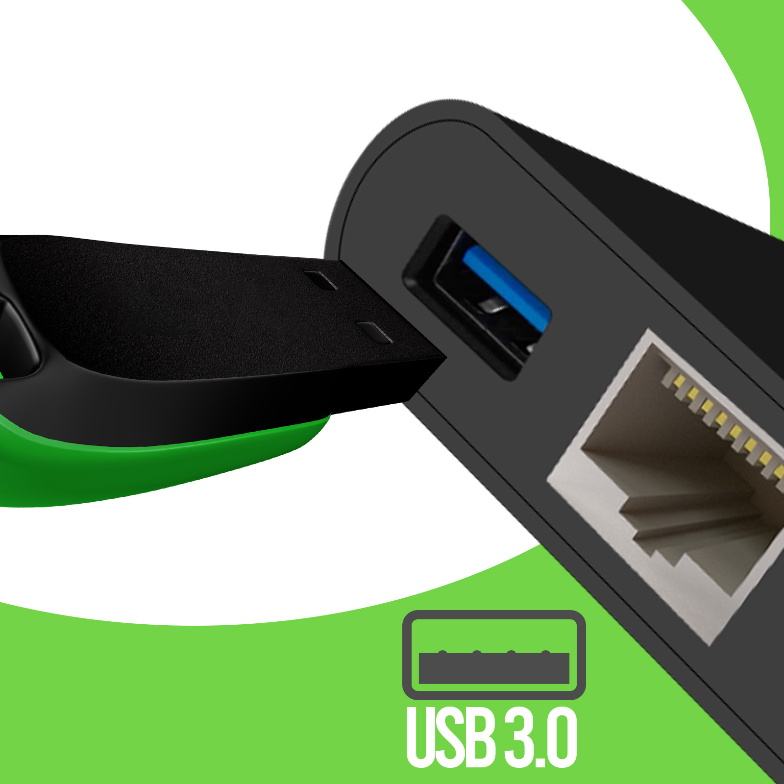 Un hub USB 3.0 nero con porte USB ed Ethernet, su sfondo verde e bianco.