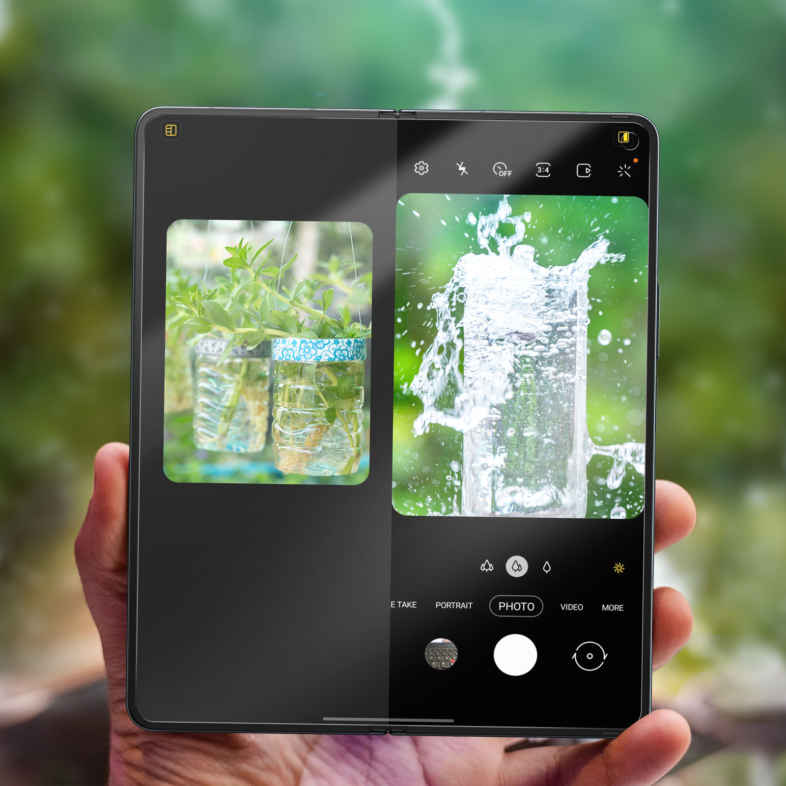 Un telefono che mostra due immagini. Una di piante, l'altra di acqua che schizza.