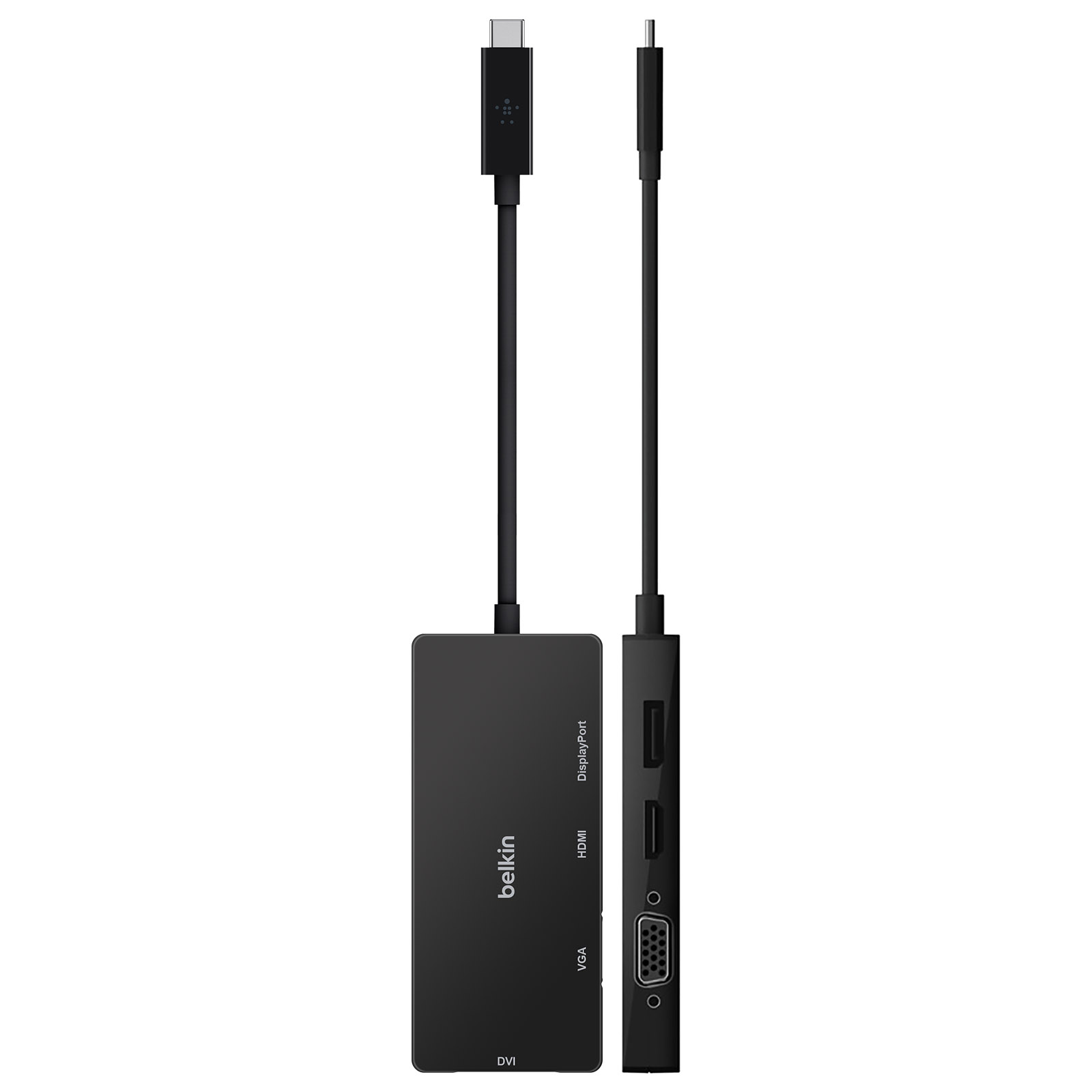 Adattatore Belkin USB-C nero con più porte. Porte DisplayPort, HDMI, VGA e DVI.