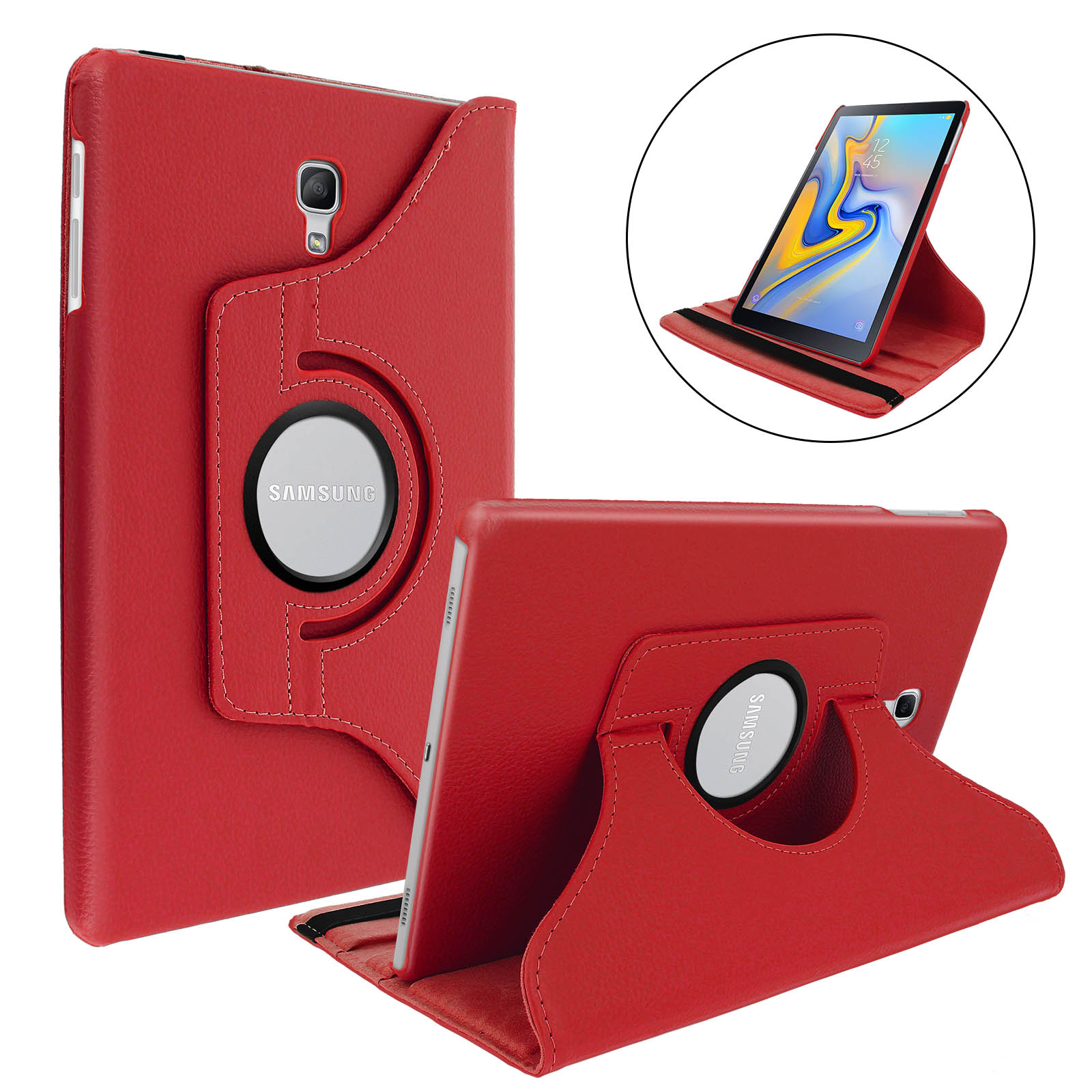 Custodia rossa per tablet con supporto girevole. C'è un tablet all'interno. La custodia è rossa.