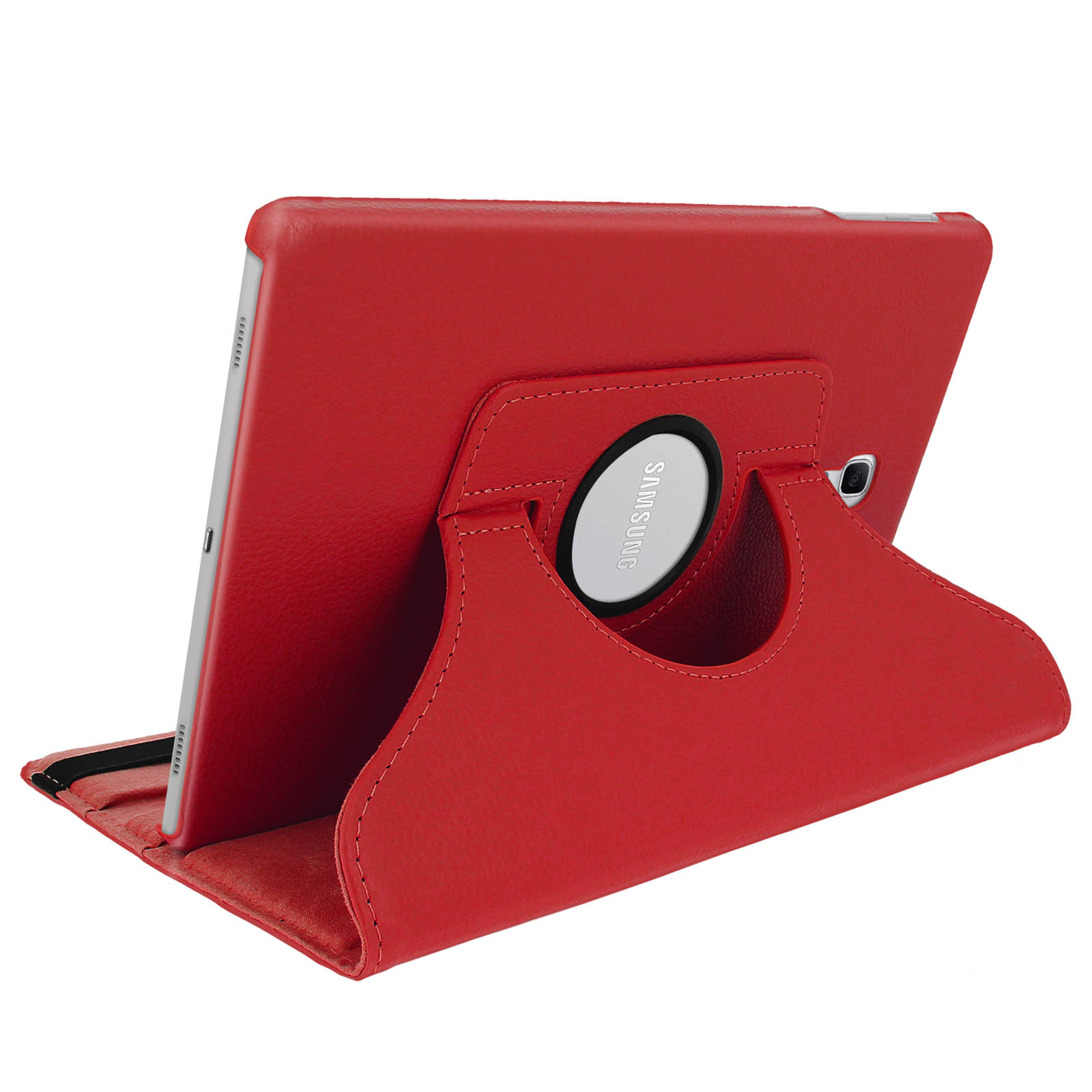 Custodia per tablet rossa con logo Samsung e supporto rotante.