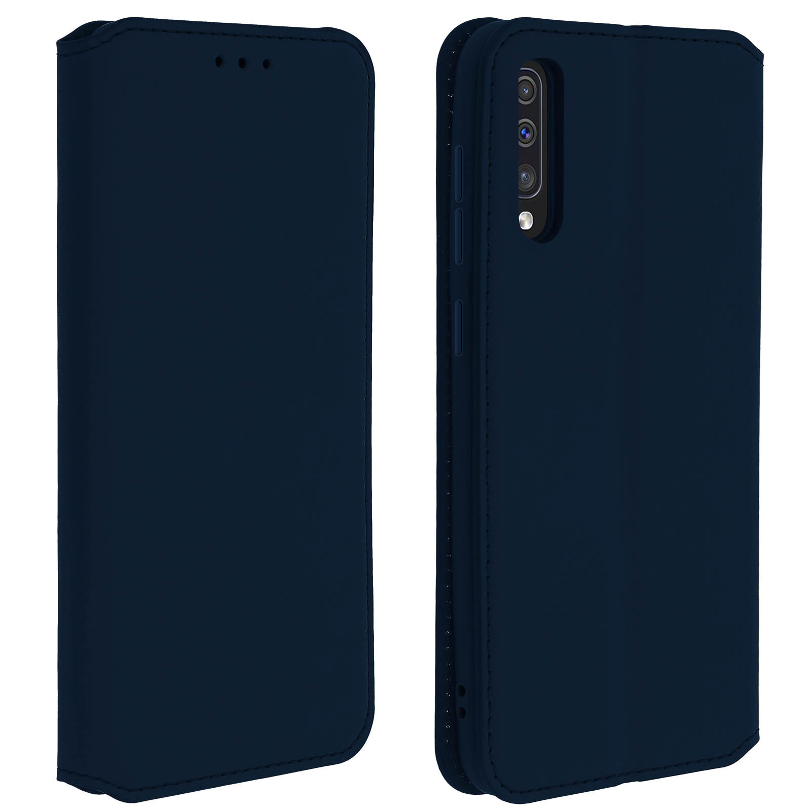 Custodia per telefono blu navy, aperta e chiusa, con fori per la fotocamera.