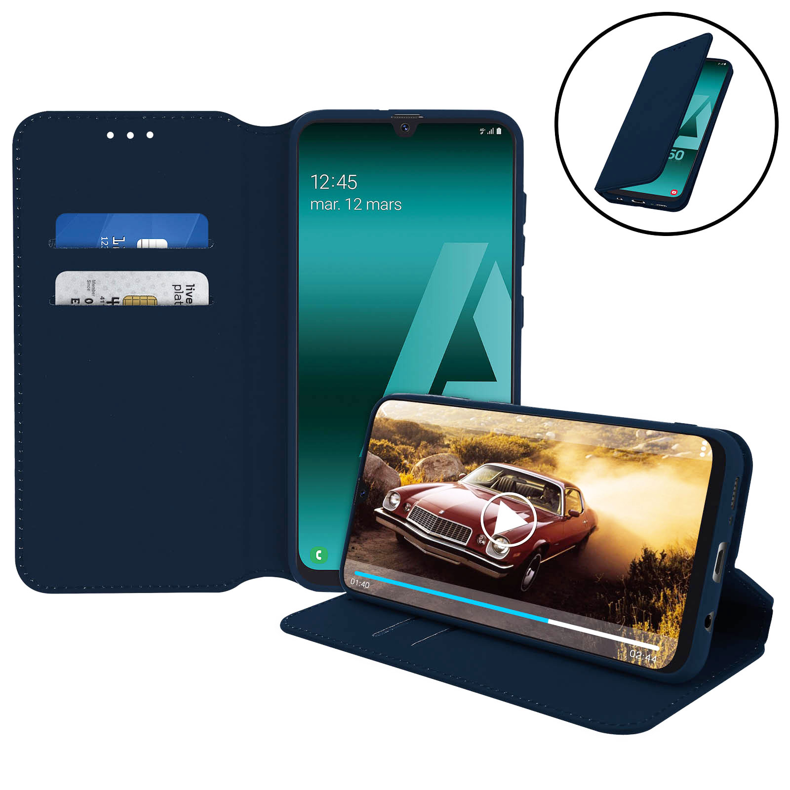 Una custodia blu per telefono con un telefono dentro. Il telefono mostra un video di un'auto rossa classica.
