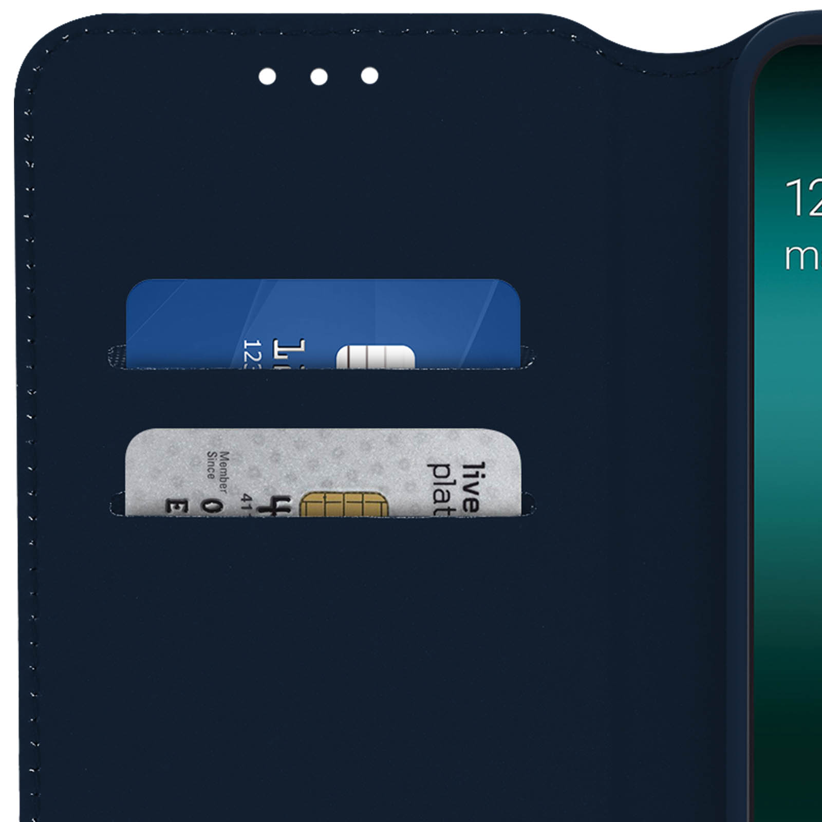Una custodia blu per telefono con scomparti per carte. Due carte visibili. Lo schermo è a destra.