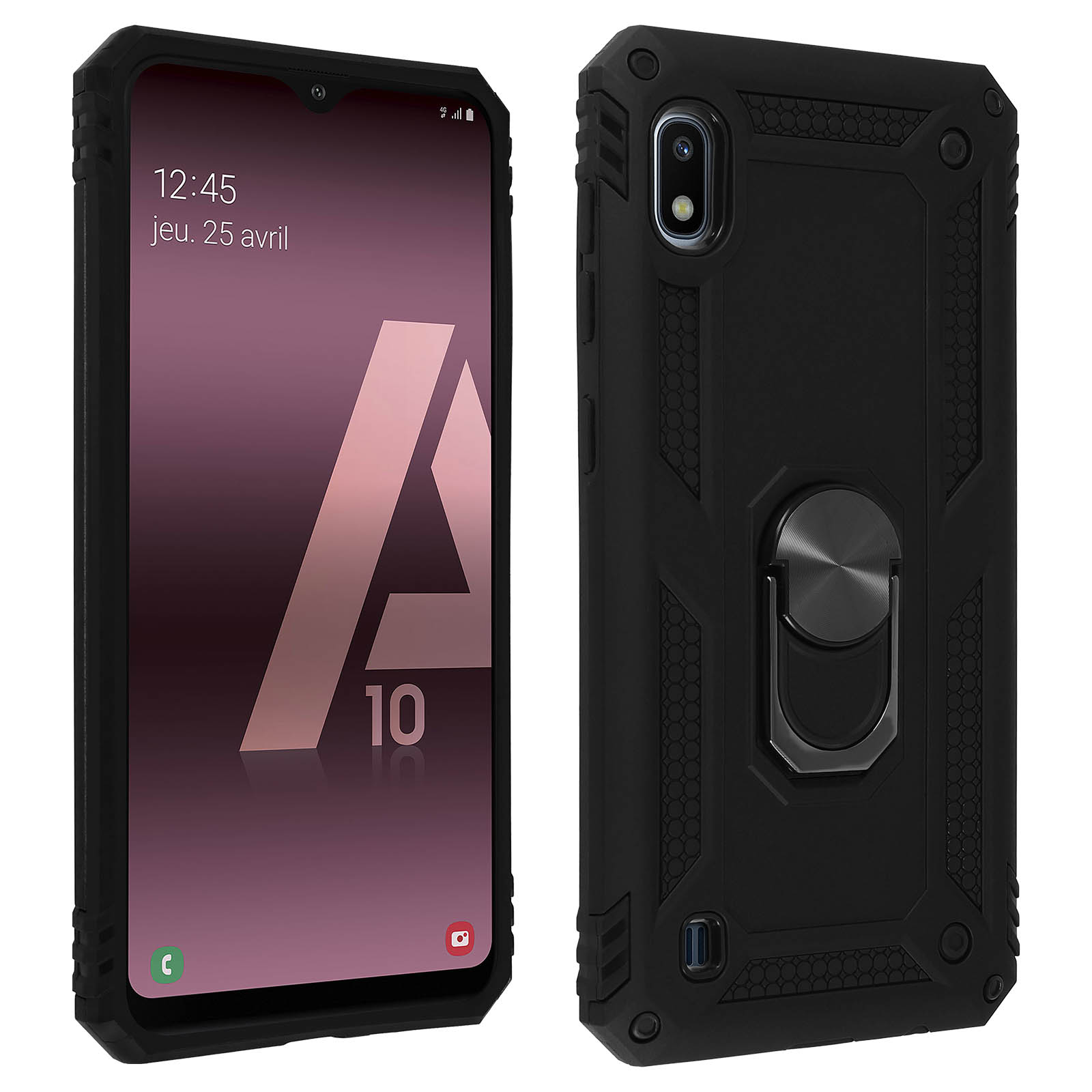 Coque de téléphone noire avec un support de bague, avec un téléphone à l'intérieur. Le téléphone affiche un calendrier.