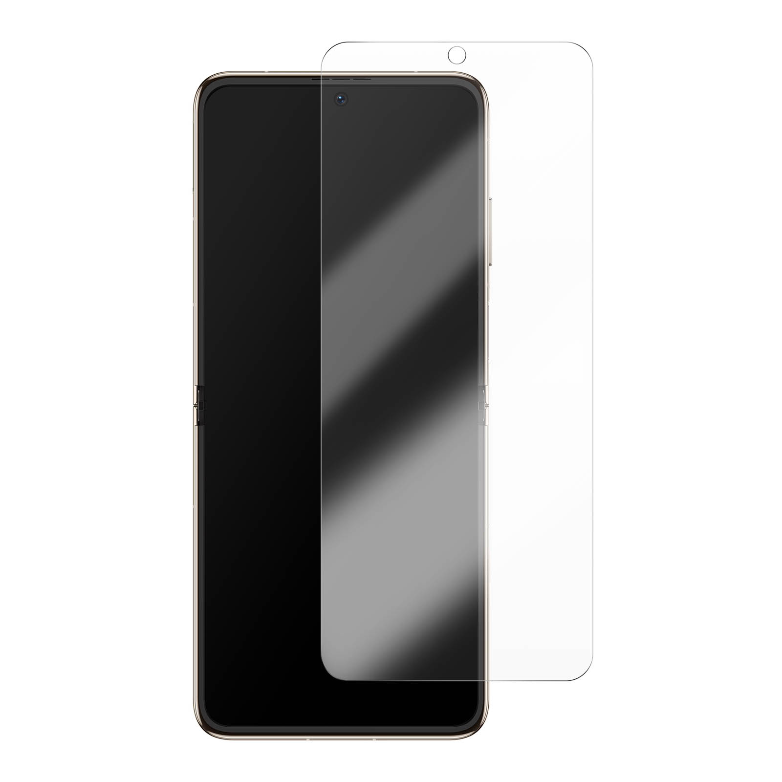 Protecteur d'écran sur un téléphone. Le téléphone est doré. Le protecteur est transparent.