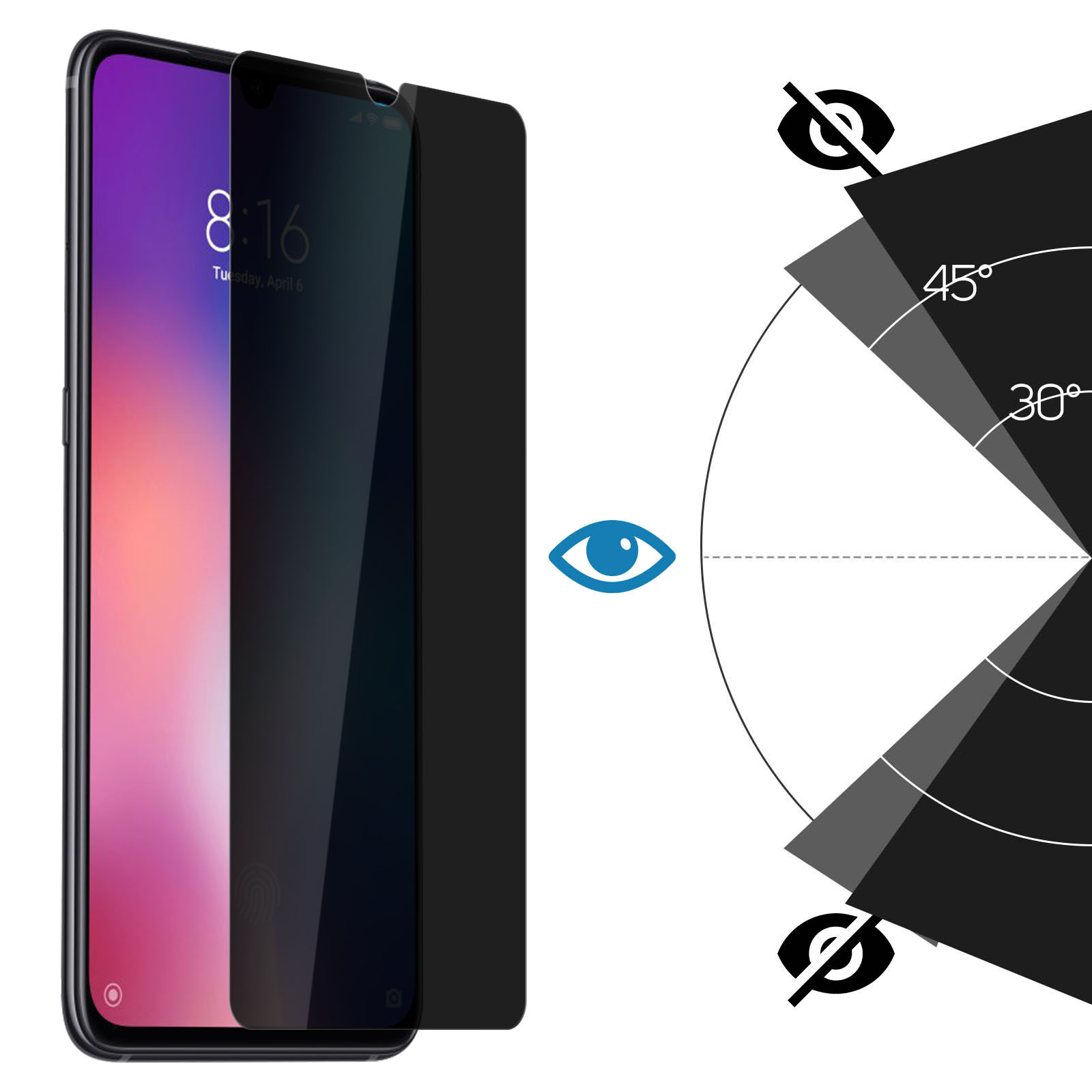 Un telefono con una protezione per la privacy è in mostra. Lo schermo mostra l'ora. I diagrammi con simboli oculari illustrano gli angoli di visione.