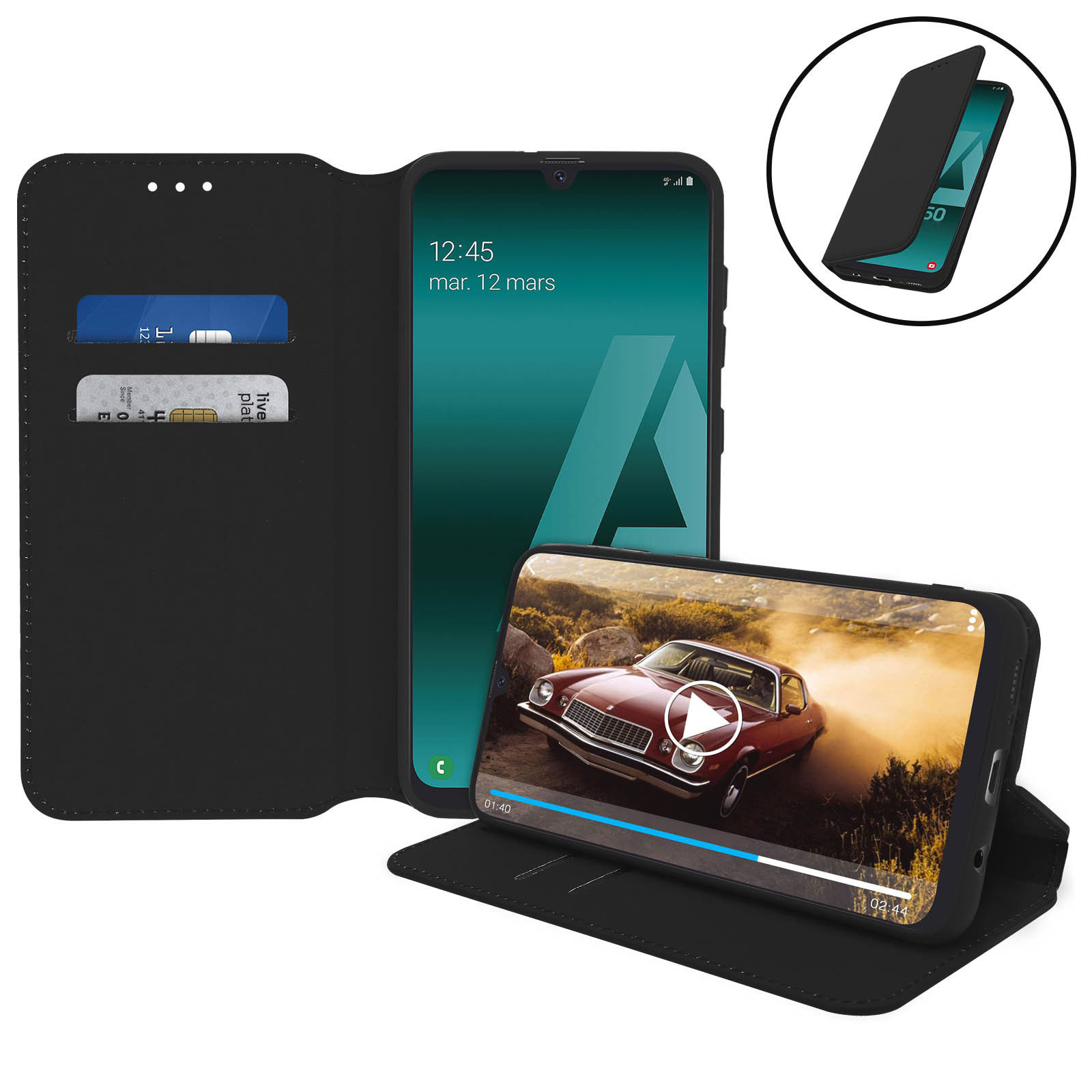 Un telefono nero in una custodia con un video di auto in riproduzione, con una custodia aperta che mostra carte.