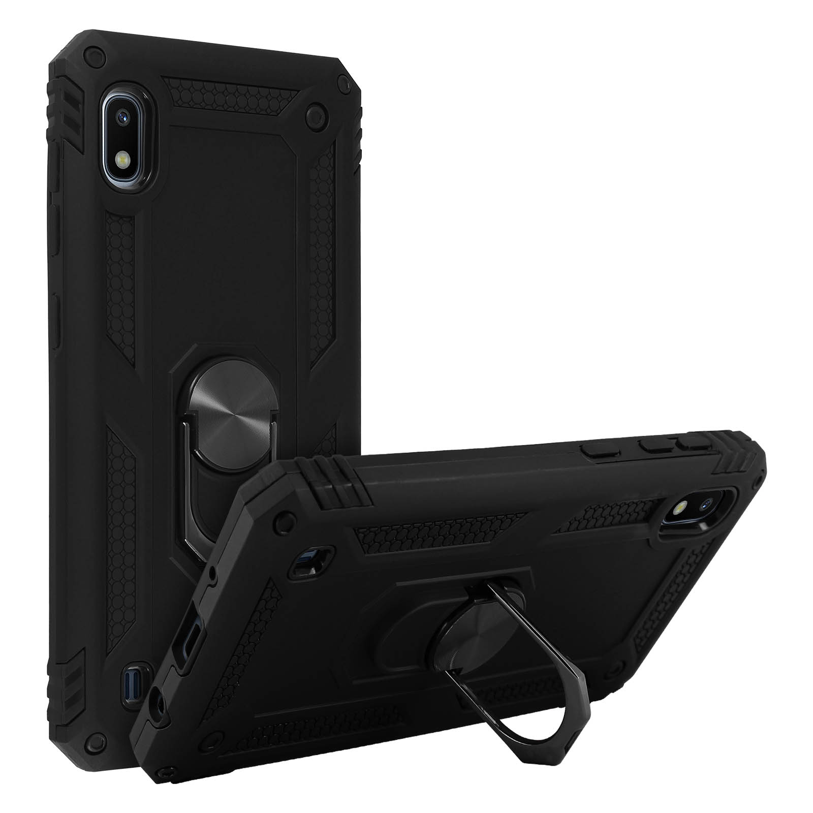 Coques de téléphone noires, une avec un support ouvert, l'autre posée sur une surface.