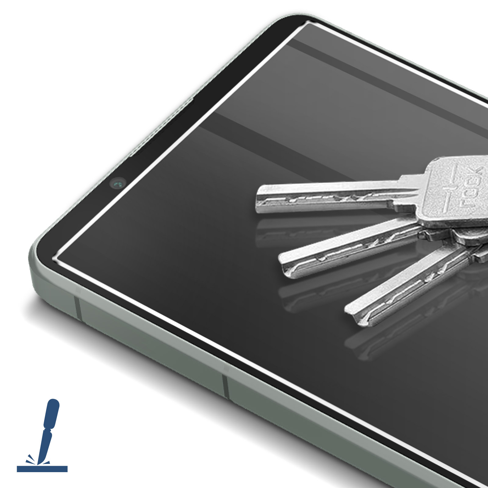 Schermo tablet con chiavi. Chiavi argentate. Icona blu di un coltello.