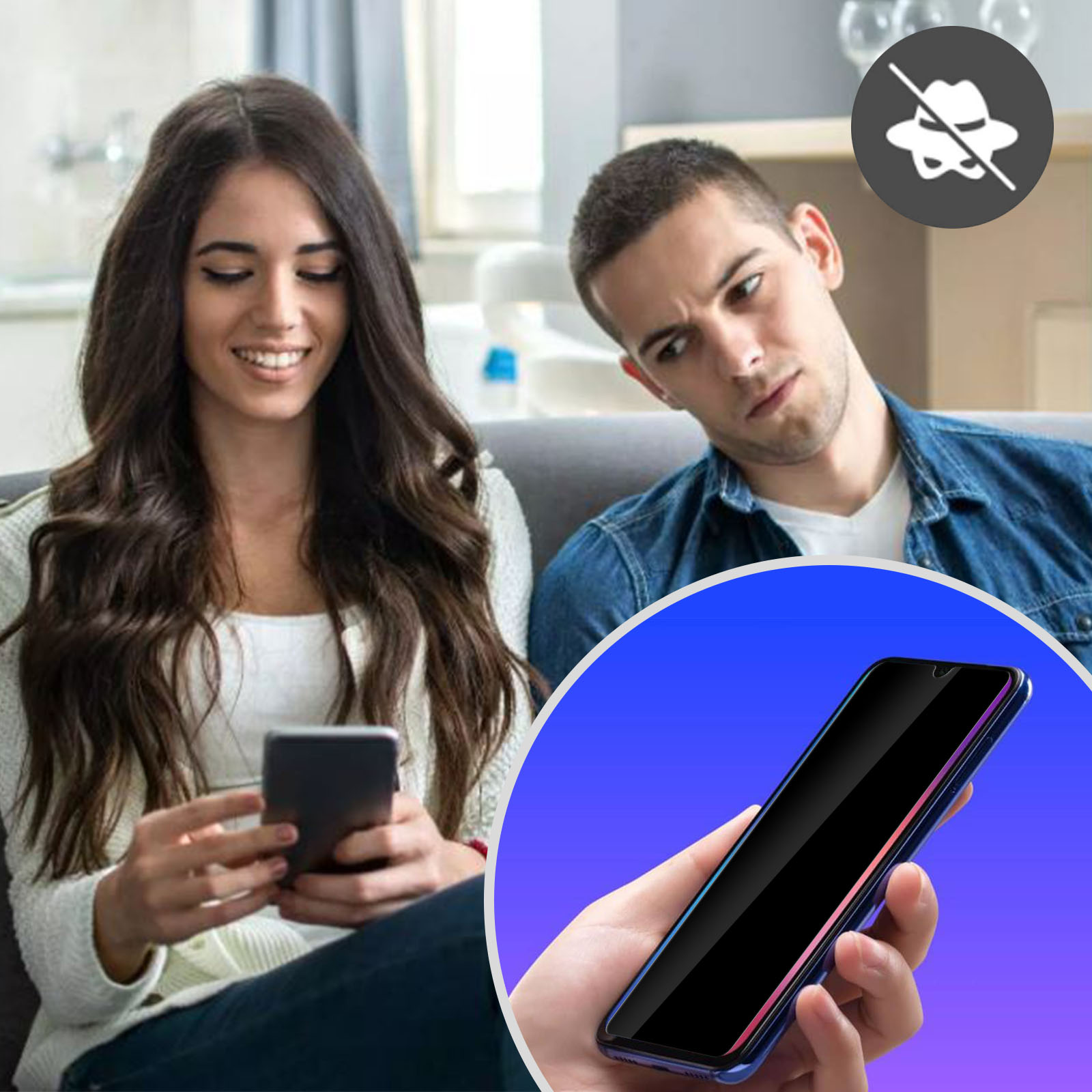 Una donna sorride al telefono. Un uomo la guarda con sospetto. Una mano tiene un telefono. Un'icona di divieto di spionaggio è sullo sfondo.