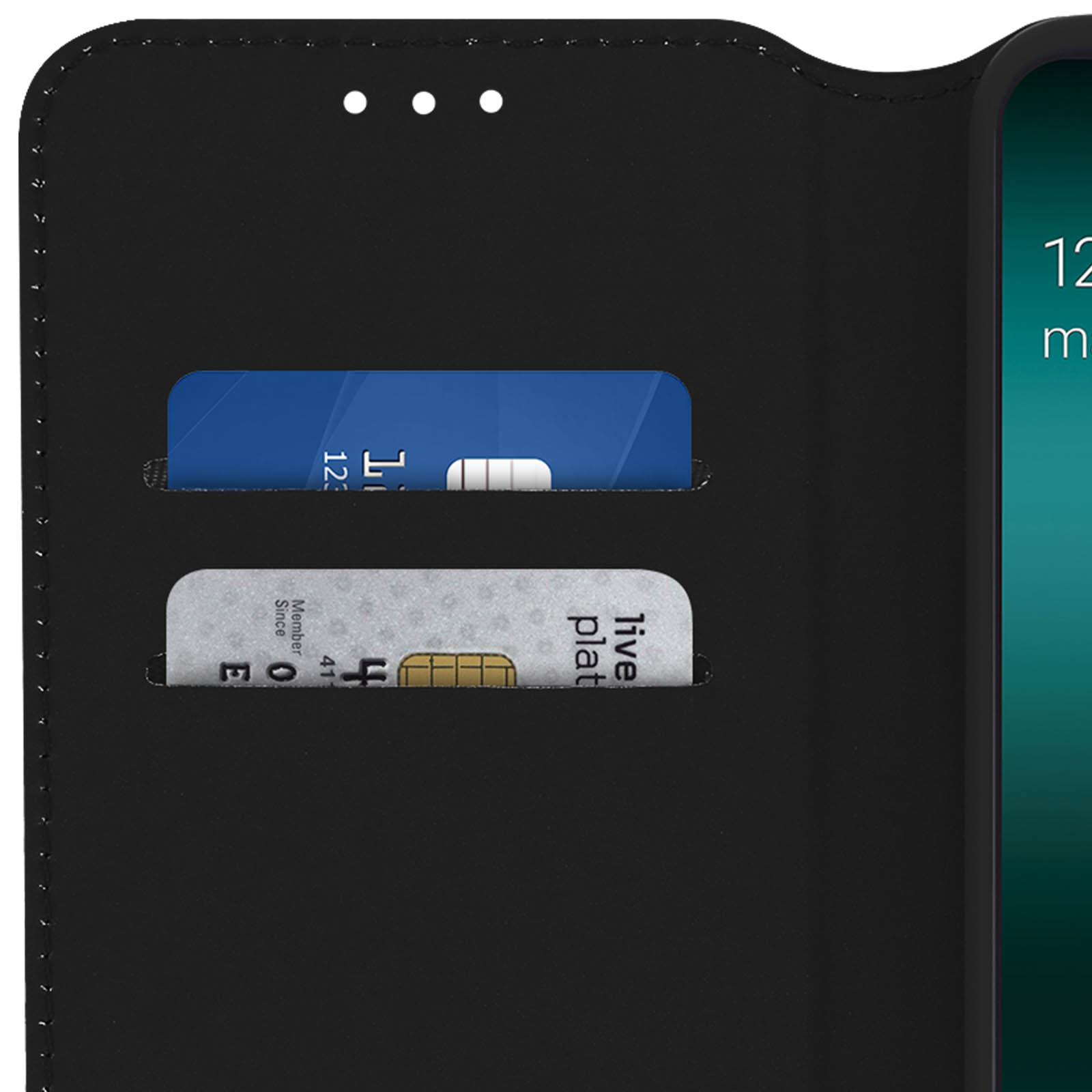 Un primo piano di una custodia per telefono, che mostra due scomparti per carte contenenti carte, su uno schermo del telefono.
