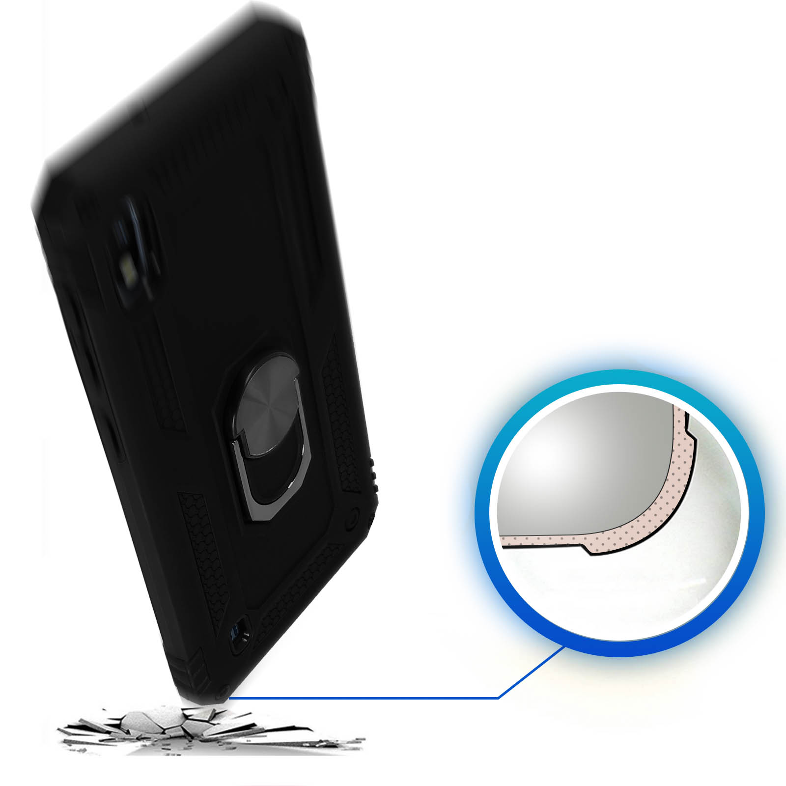 Un étui de téléphone noir avec un support en anneau sur une surface blanche. L'étui a un coin endommagé.