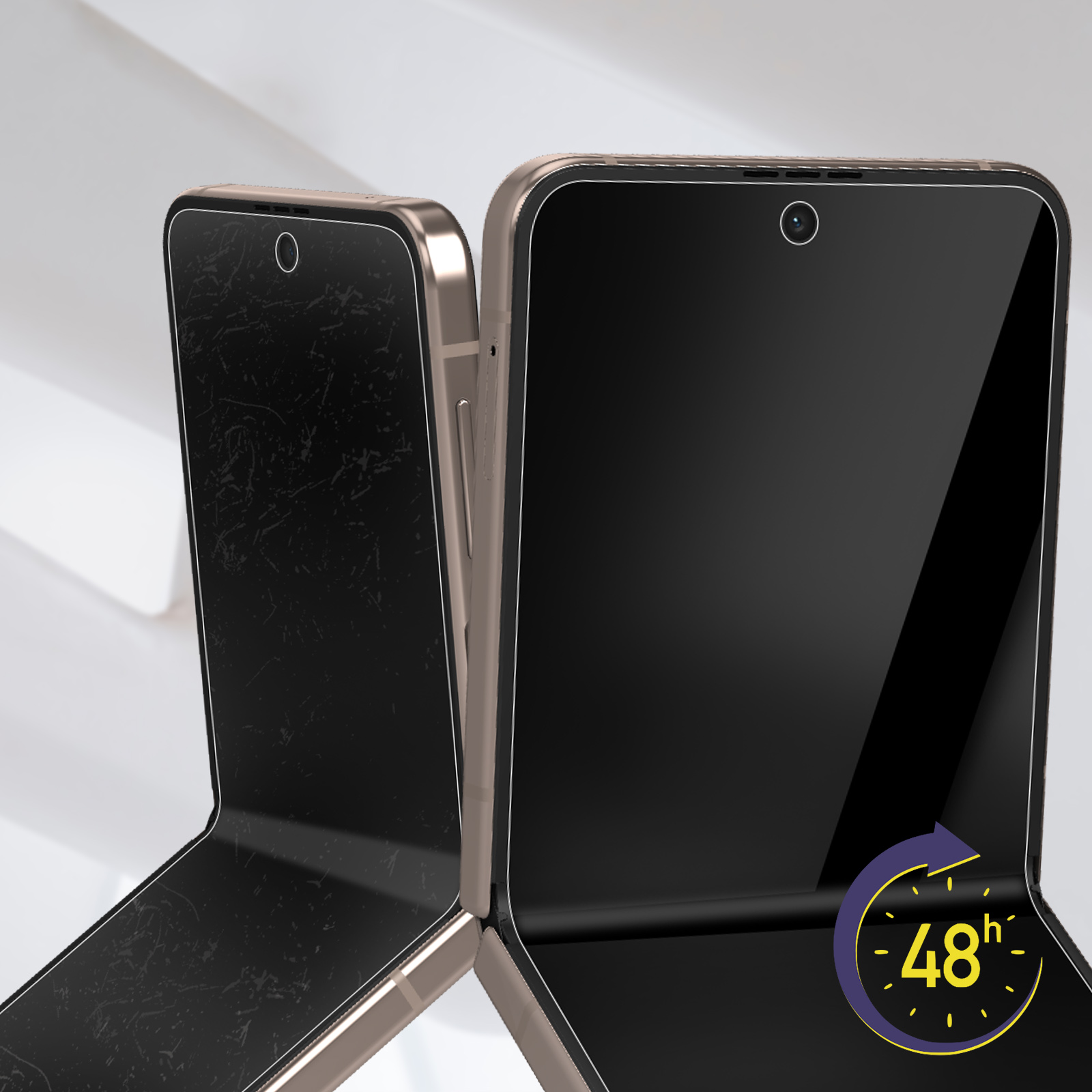 Deux téléphones pliables ouverts côte à côte. Un téléphone est ouvert, l'autre est fermé. Un symbole 48h est affiché.