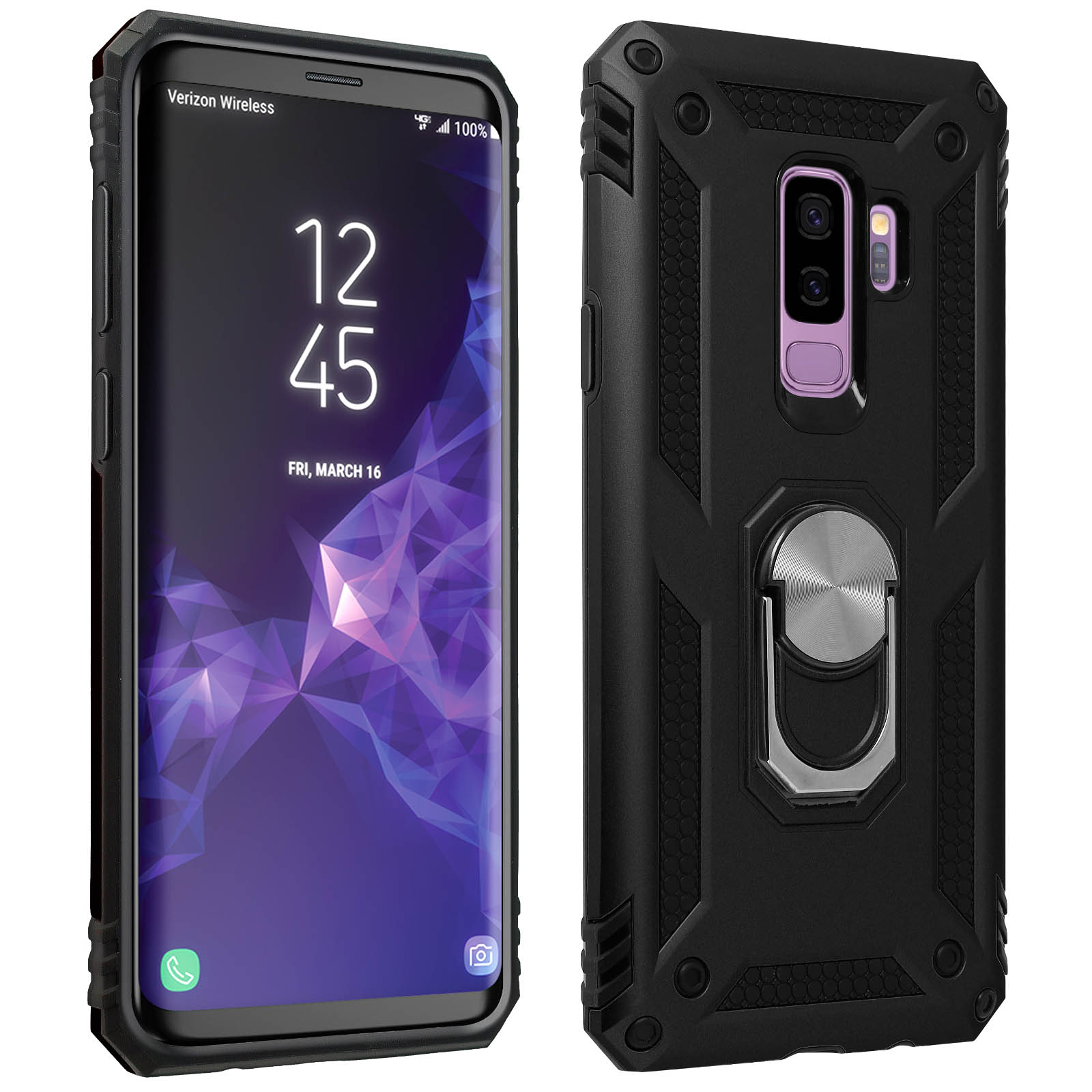 Custodia per telefono nera con anello di supporto. Lo schermo del telefono mostra l'ora e ha uno sfondo viola.