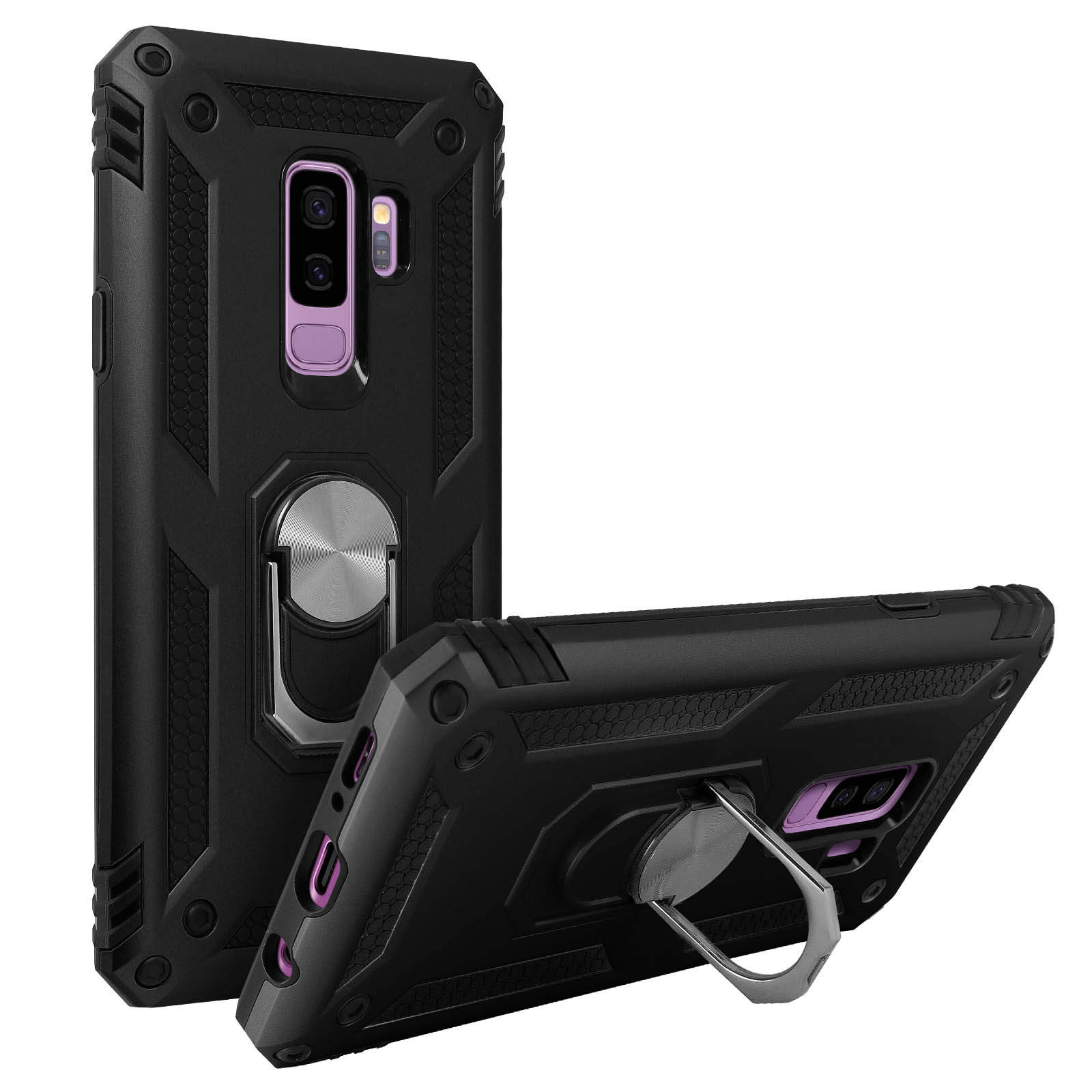 Custodia per telefono nera con supporto ad anello, vengono presentate due custodie, una angolata. Funzionalità della fotocamera viola.