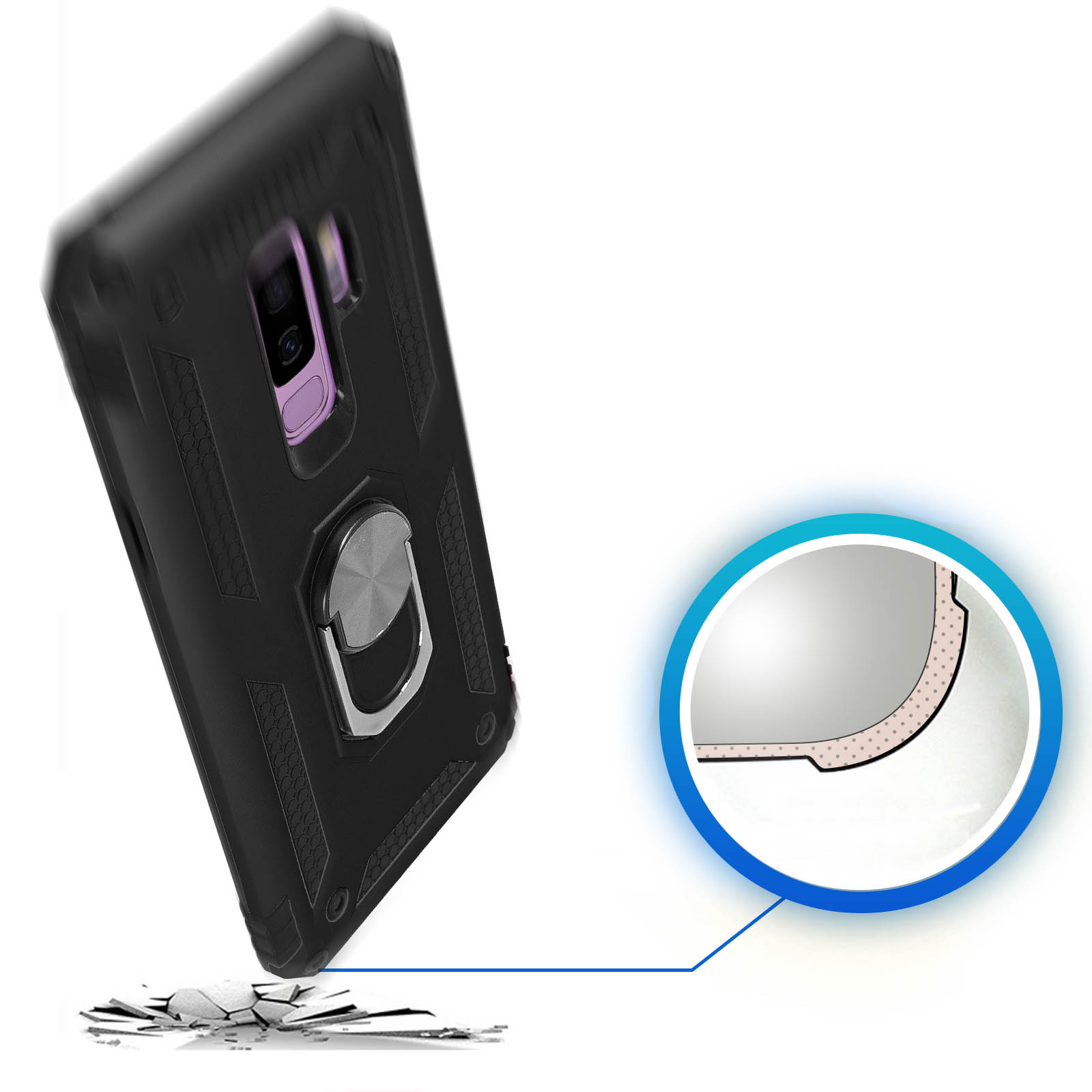 Custodia nera per telefono con anello argentato. La custodia è su una superficie bianca. Una superficie incrinata è nell'angolo.