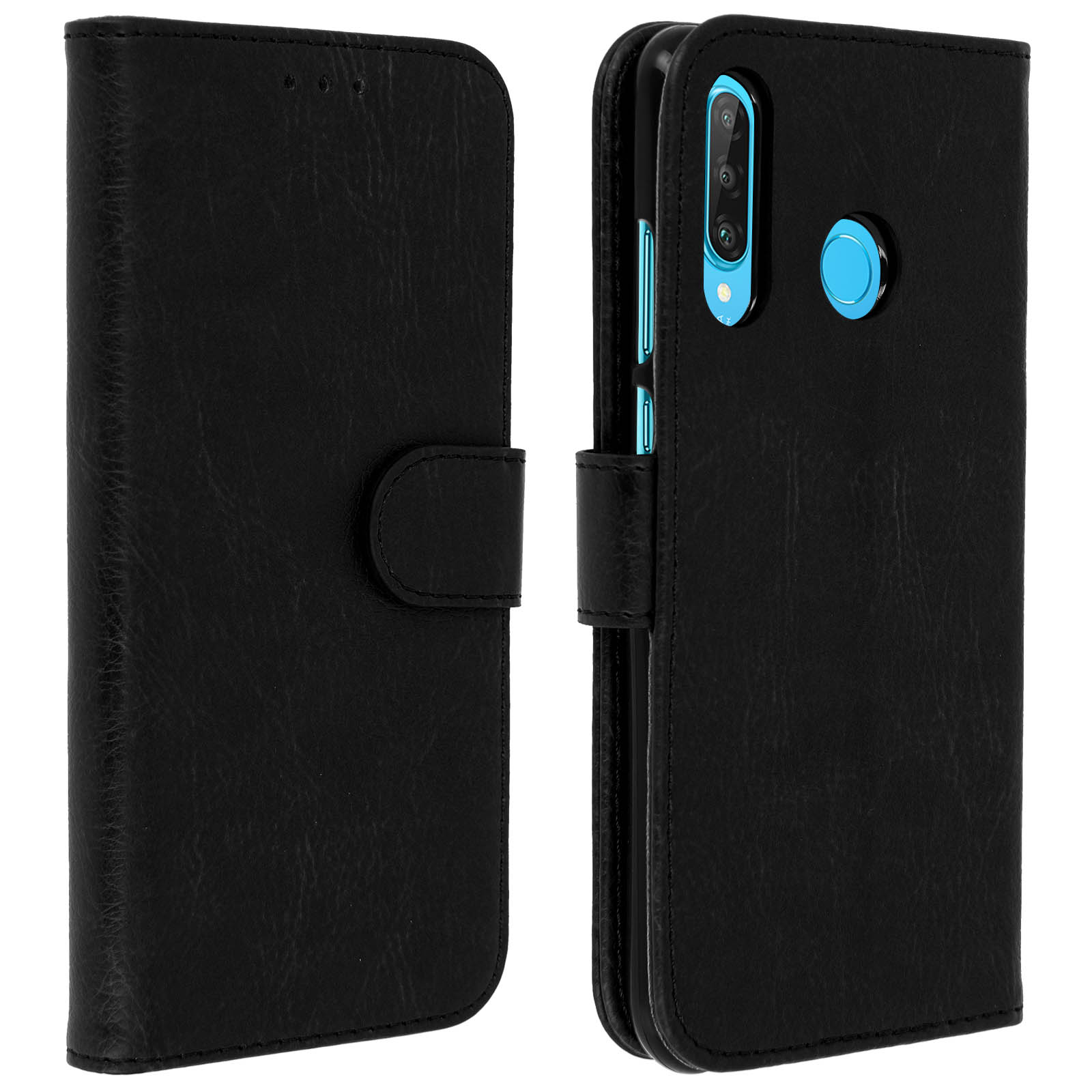Custodia in pelle nera, aperta e chiusa. All'interno scomparti per carte. Il telefono ha una fotocamera.
