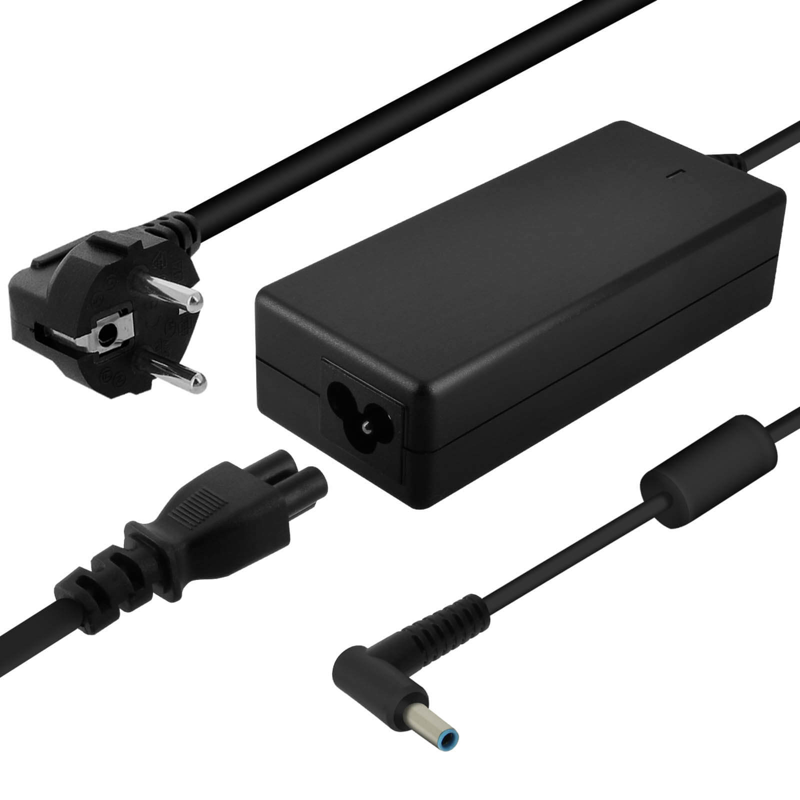 Cargador de portátil negro con múltiples cables. Un cable tiene un enchufe, otro un enchufe más pequeño y uno USB-C.
