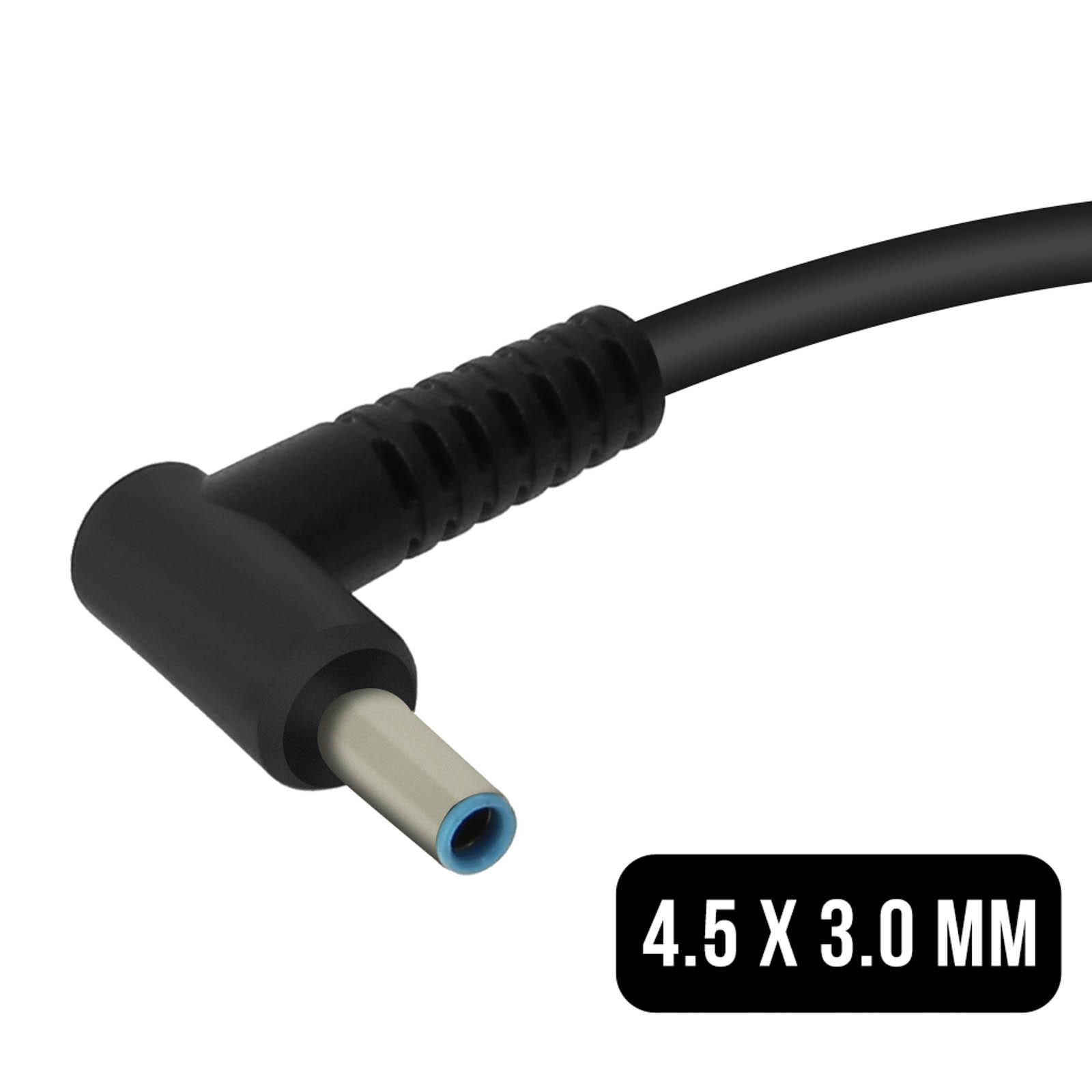 Adaptador de corriente negro con punta azul y etiqueta blanca 4.5 X 3.0 MM.