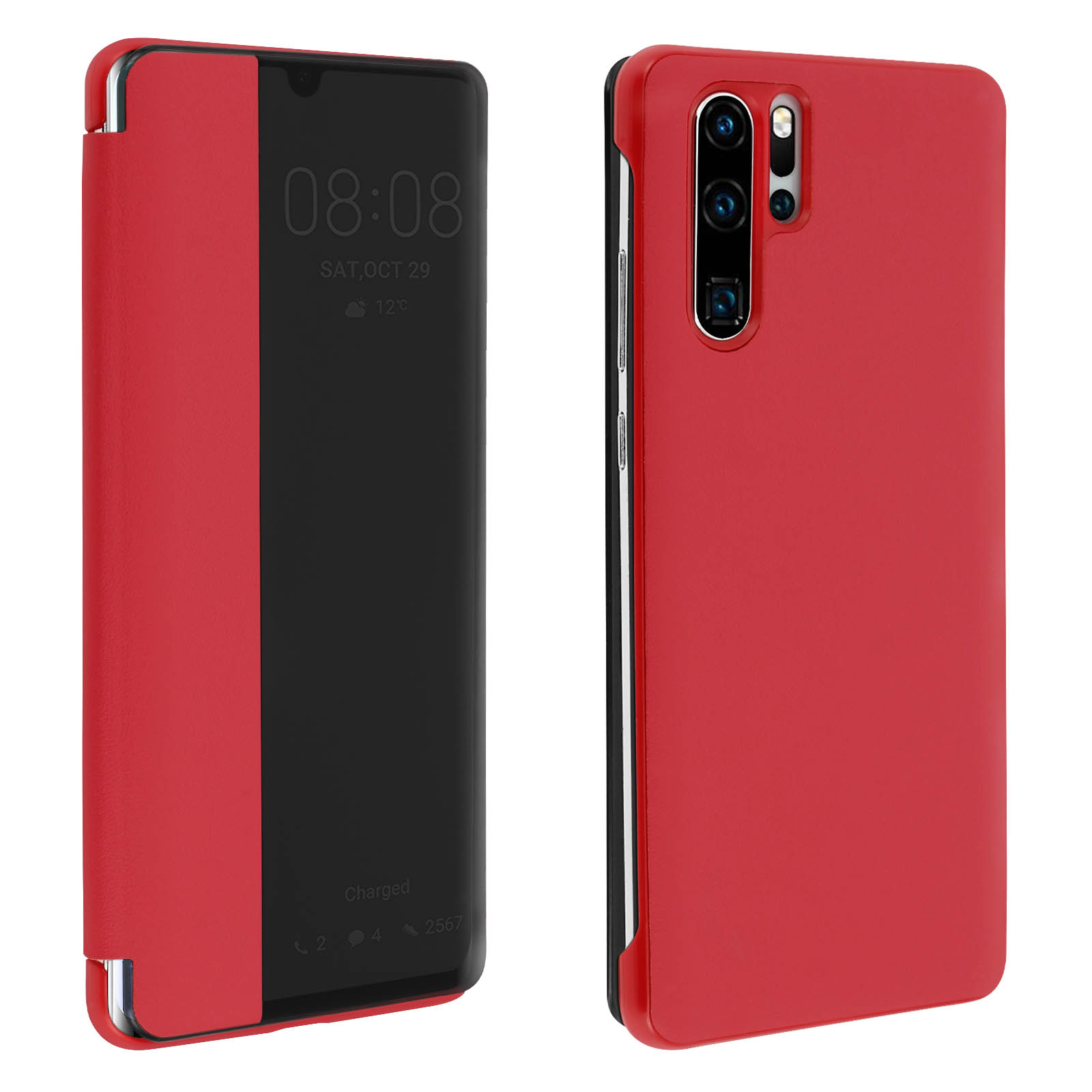 Due viste di un telefono rosso in una custodia. Lo schermo mostra l'ora e la data. Sfondo bianco.