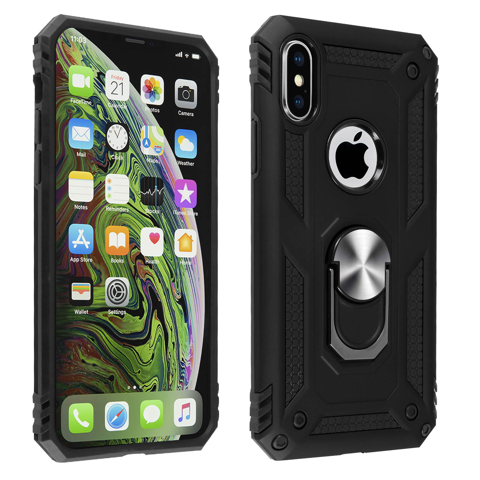 Custodia per telefono nera con un telefono all'interno, un porta anello e una fotocamera.
