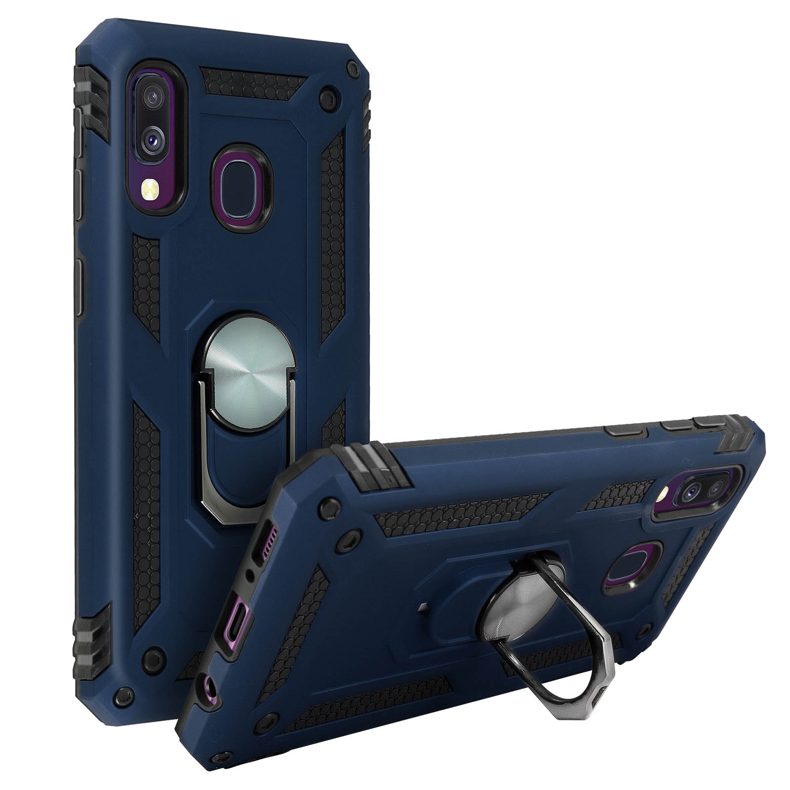 Custodia per telefono blu con supporto ad anello, con due custodie esposte. Sfondo bianco.