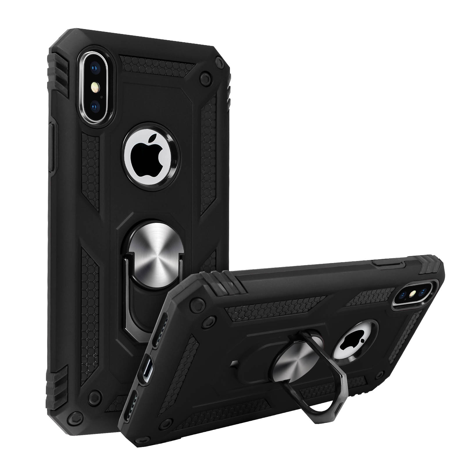 Custodia per telefono nera con supporto ad anello, vengono mostrati due telefoni. Logo Apple visibile.