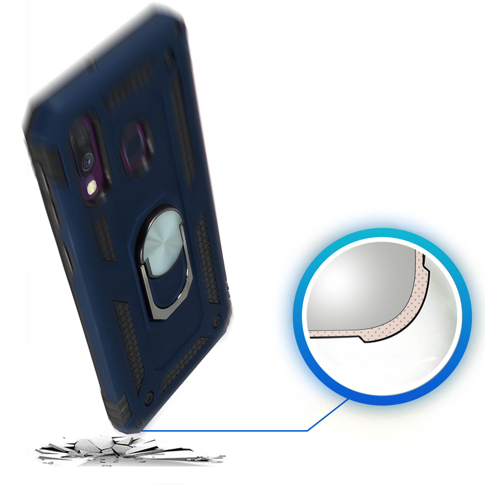 Custodia blu per telefono con supporto ad anello. La custodia è su sfondo bianco.