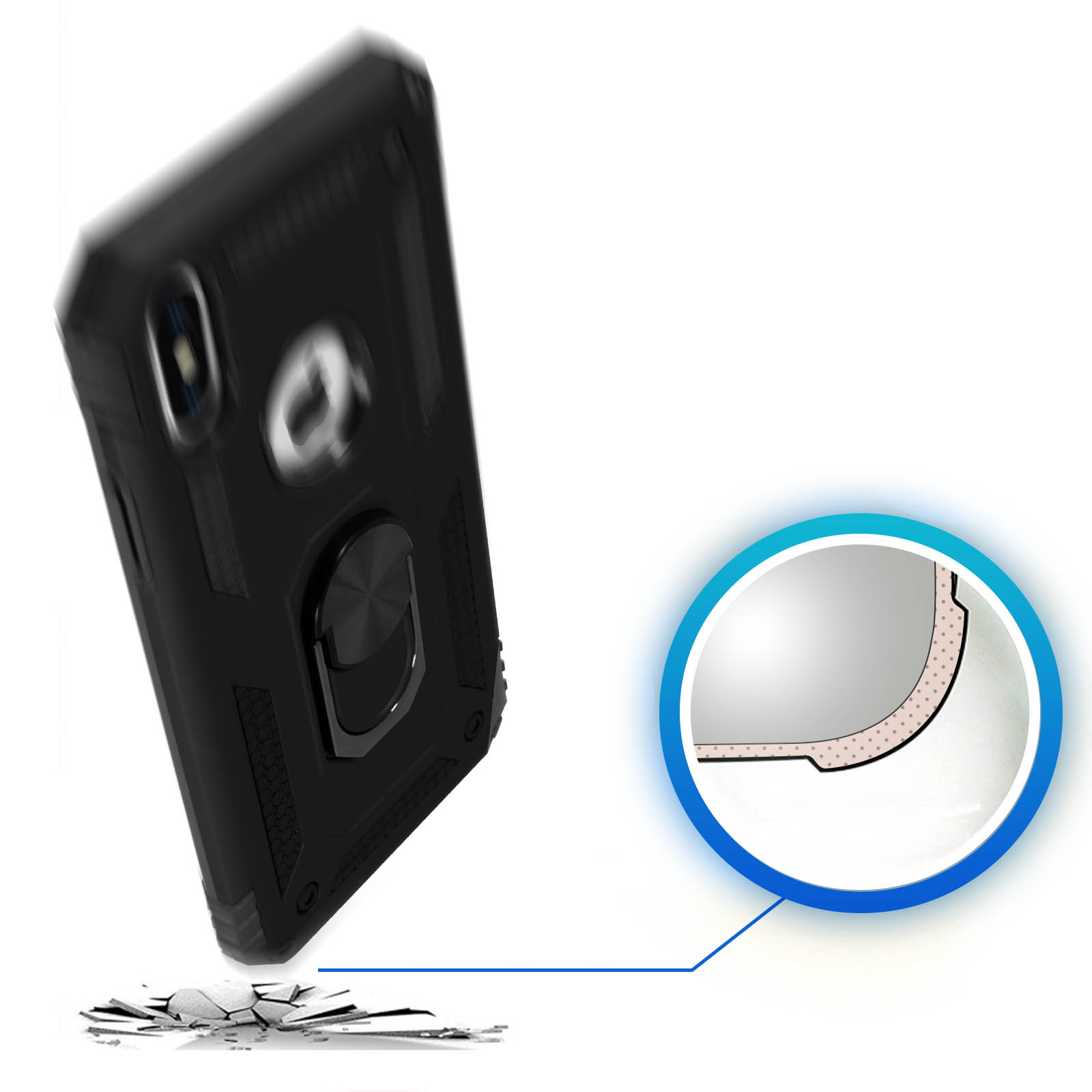 Una custodia nera per telefono con un anello d'argento. Il telefono sta cadendo. C'è un elemento protettivo blu.