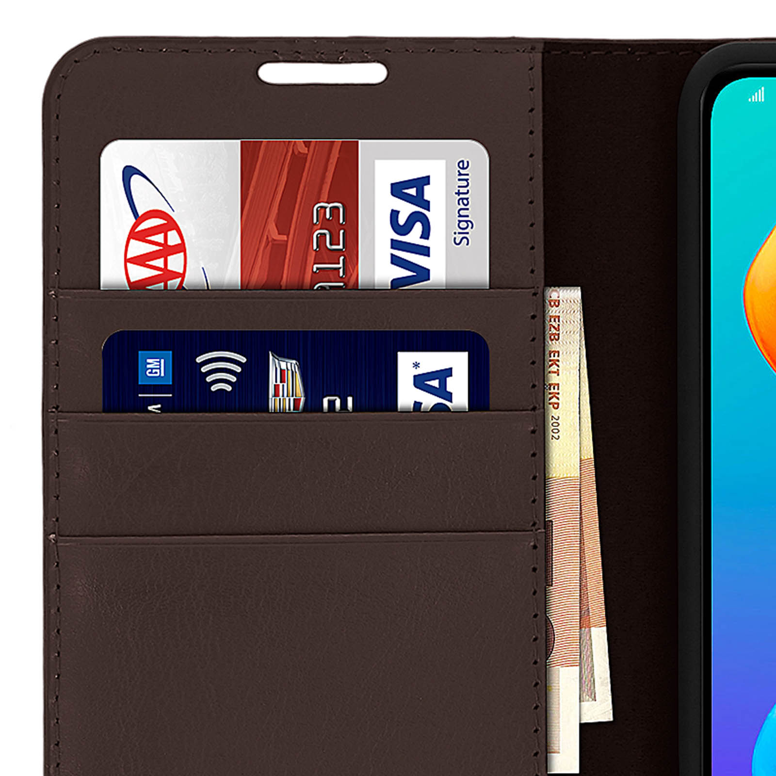 Telefono con porta carte. Le carte sono nel porta carte.