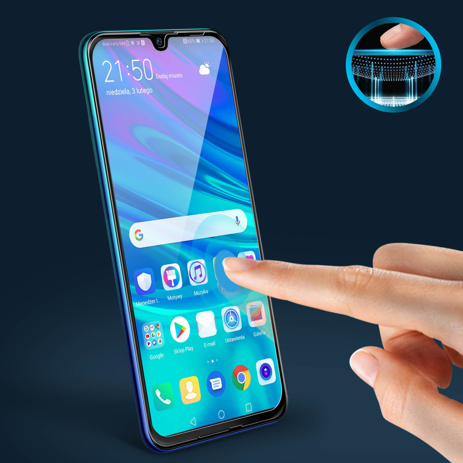 Una mano tocca lo schermo di uno smartphone, mostrando app. Il telefono ha una protezione per lo schermo.