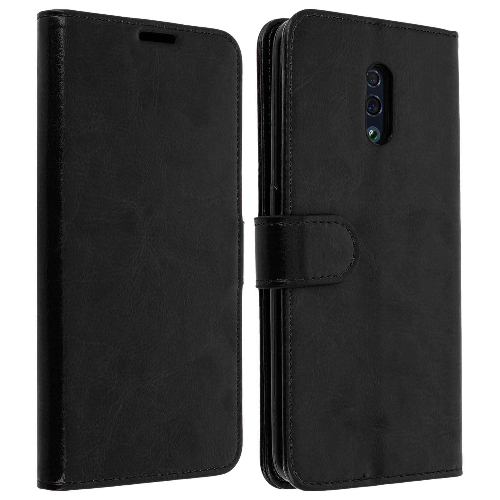 Custodia per telefono nera, aperta, che mostra telefono e custodia. Ha una chiusura magnetica.
