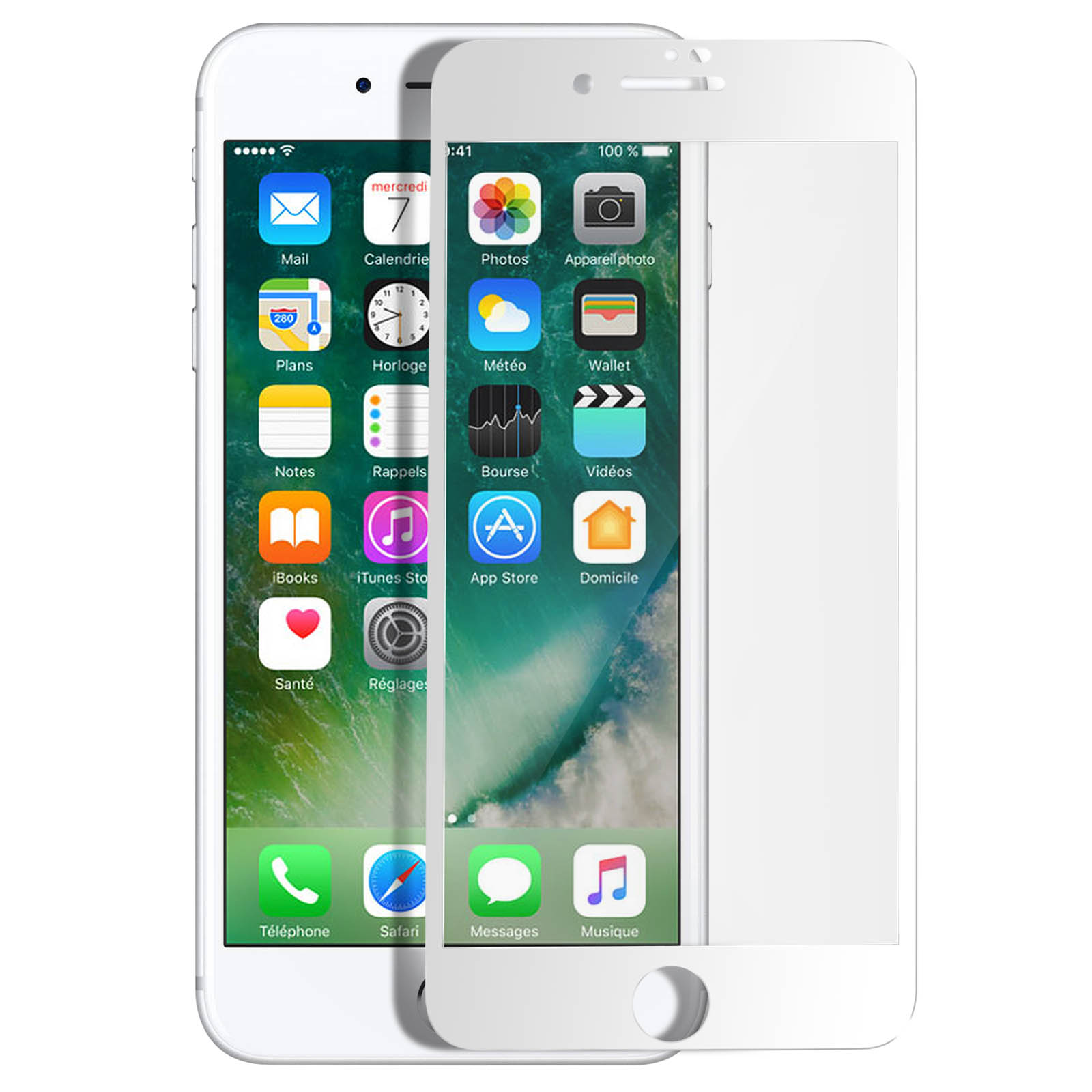 Un telefono bianco che mostra uno schermo con icone di app, con una protezione schermo accanto.