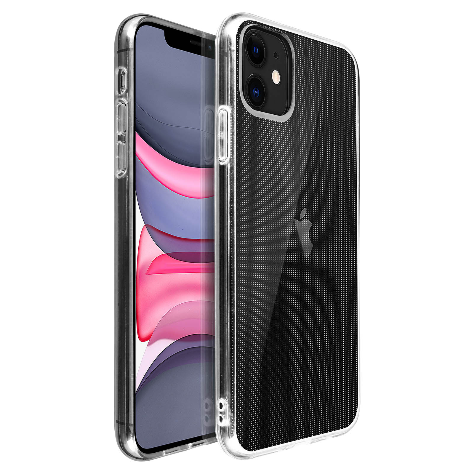 Transparante telefoonhoes met zwart stippenpatroon op een telefoon. De telefoon heeft een camera.