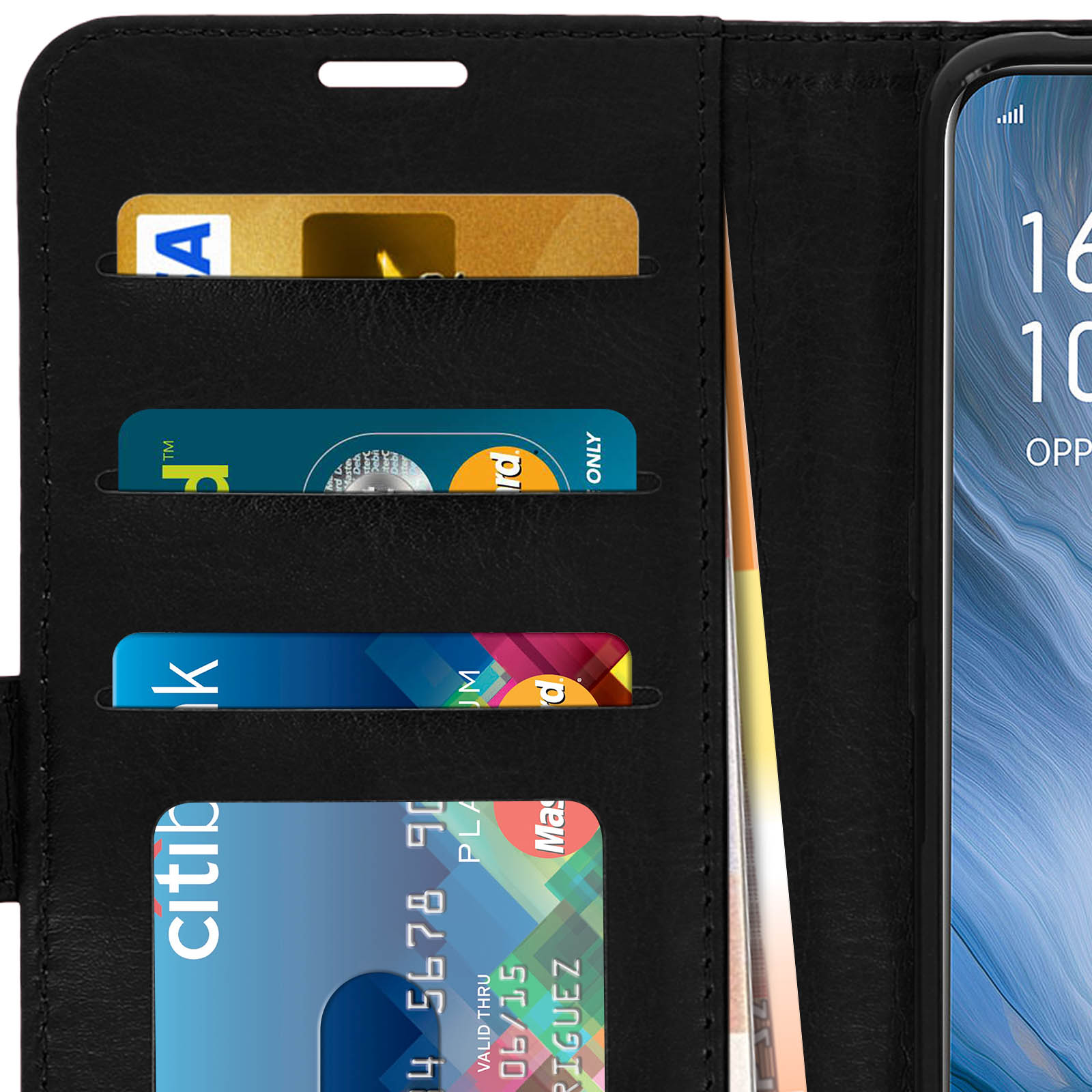 Custodia del telefono nera aperta con carte di credito e denaro all'interno. Un telefono è a destra.