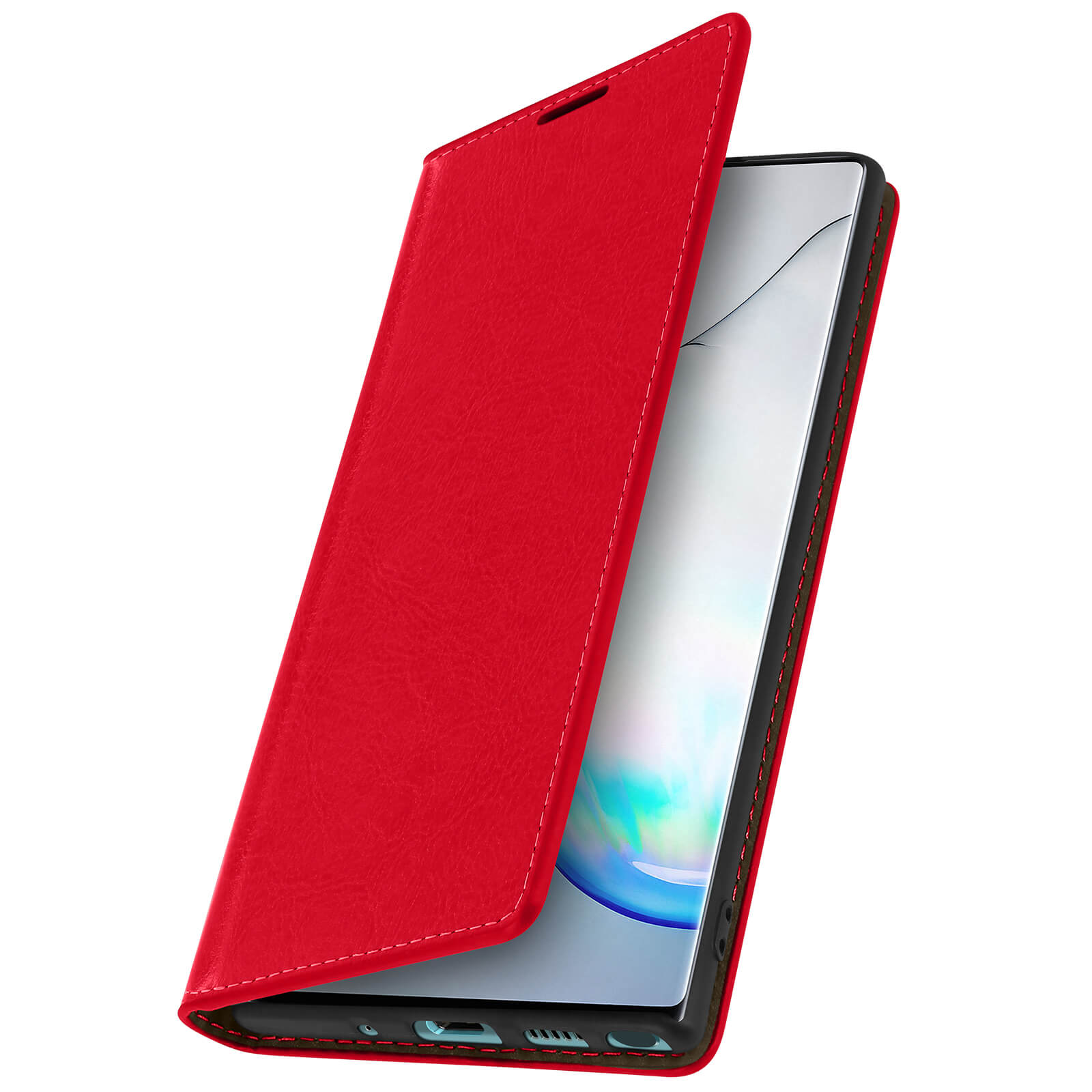 Étui de téléphone en cuir rouge ouvert, révélant un téléphone. Fond blanc.